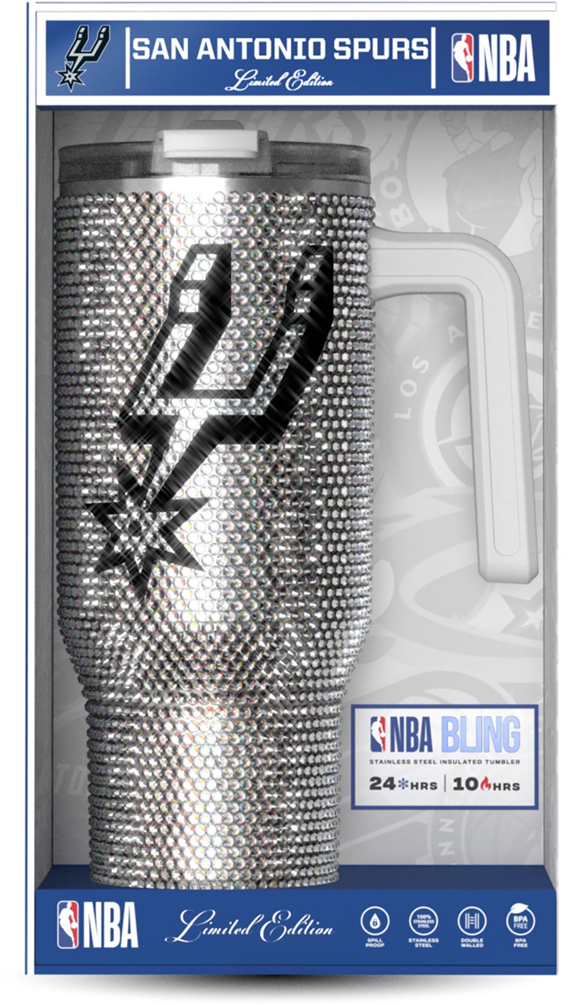 HYDRAPEAK Adult San Antonio Spurs Silver 40-Ounce Bling Voyager Tumbler