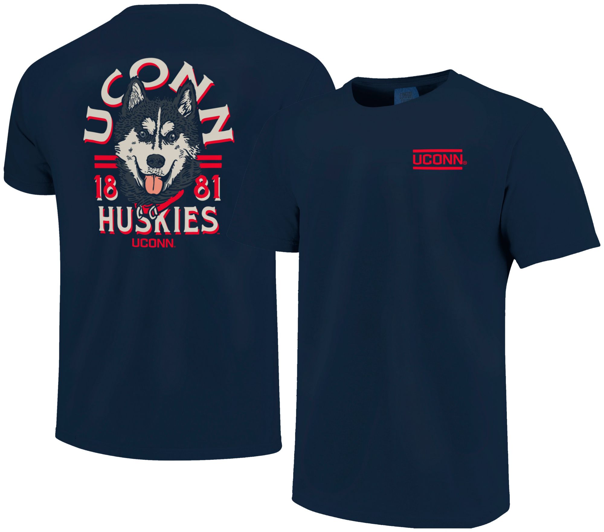 Image One Men's UConn Huskies Navy Mascot Shadow Rustic Arc Short Sleeve T-Shirt