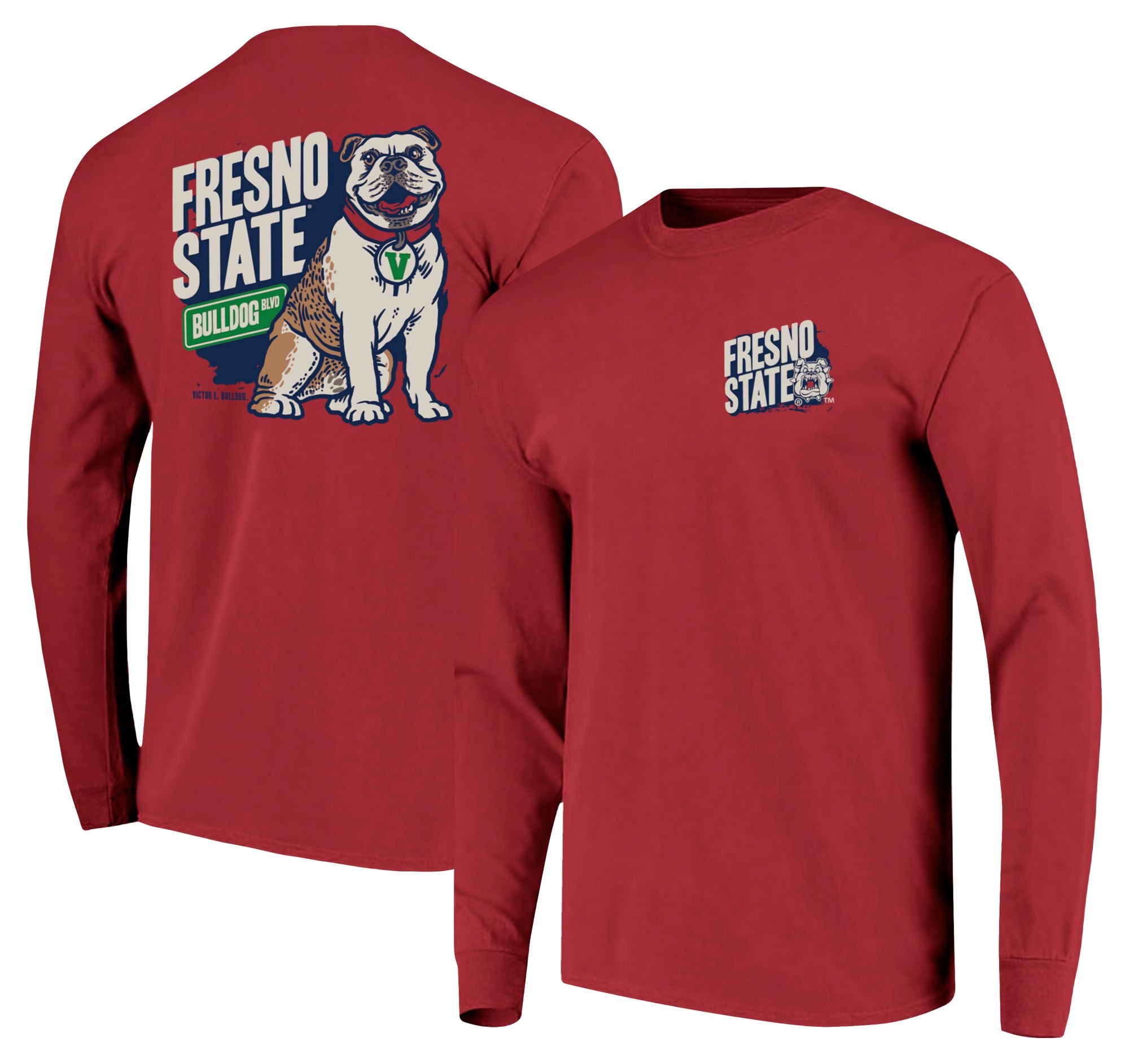 Image One Men's Fresno State Bulldogs Red Sitting Mascot Street Sign Long Sleeve T-Shirt