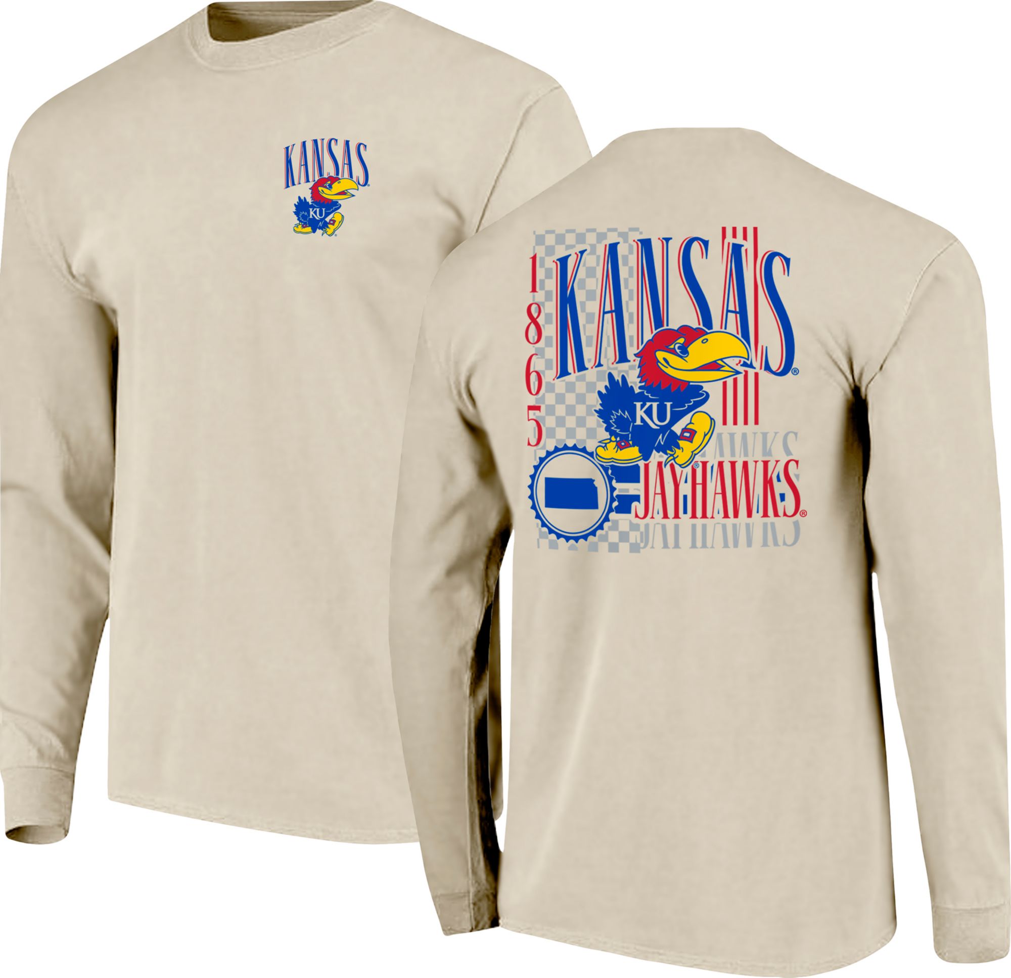 Image One Men's Kansas Jayhawks Ivory 90's Print Long Sleeve T-Shirt