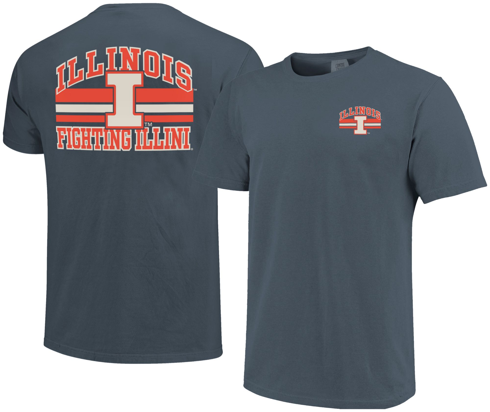 Image One Men's Illinois Fighting Illini Denim Mascot Arched Short Sleeve T-Shirt