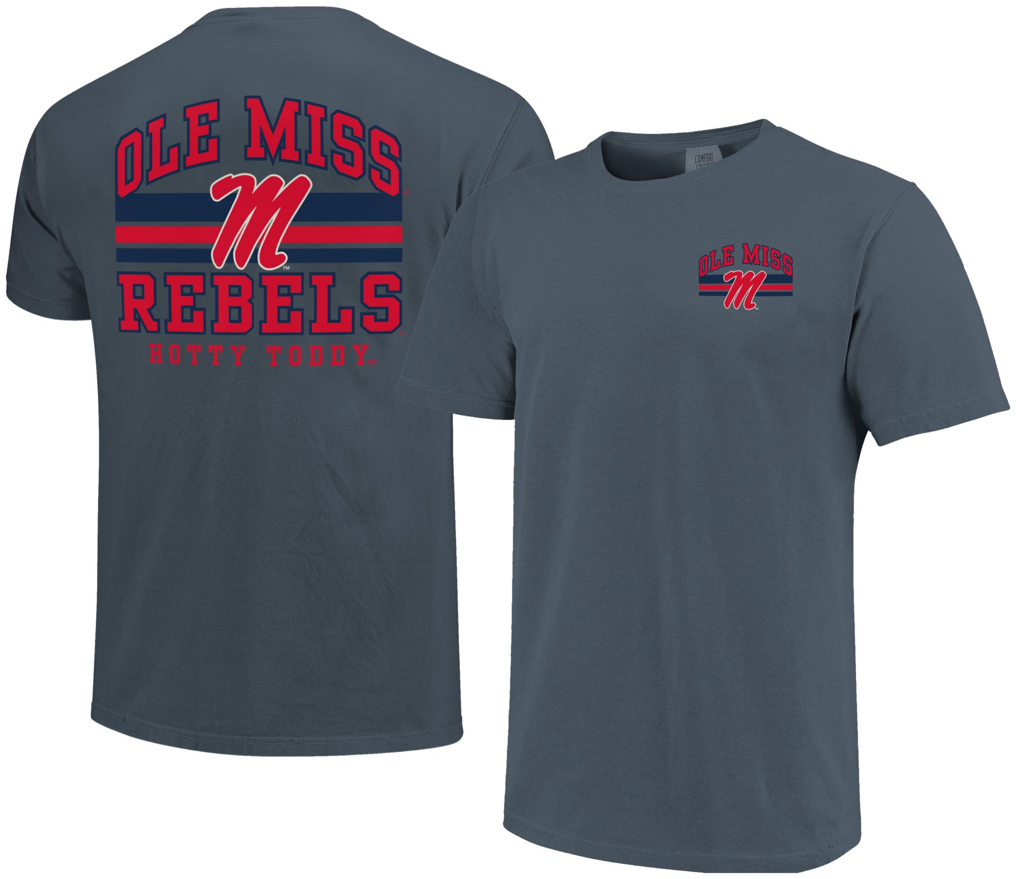 Image One Men's Ole Miss Rebels Denim Mascot Arched Short Sleeve T-Shirt
