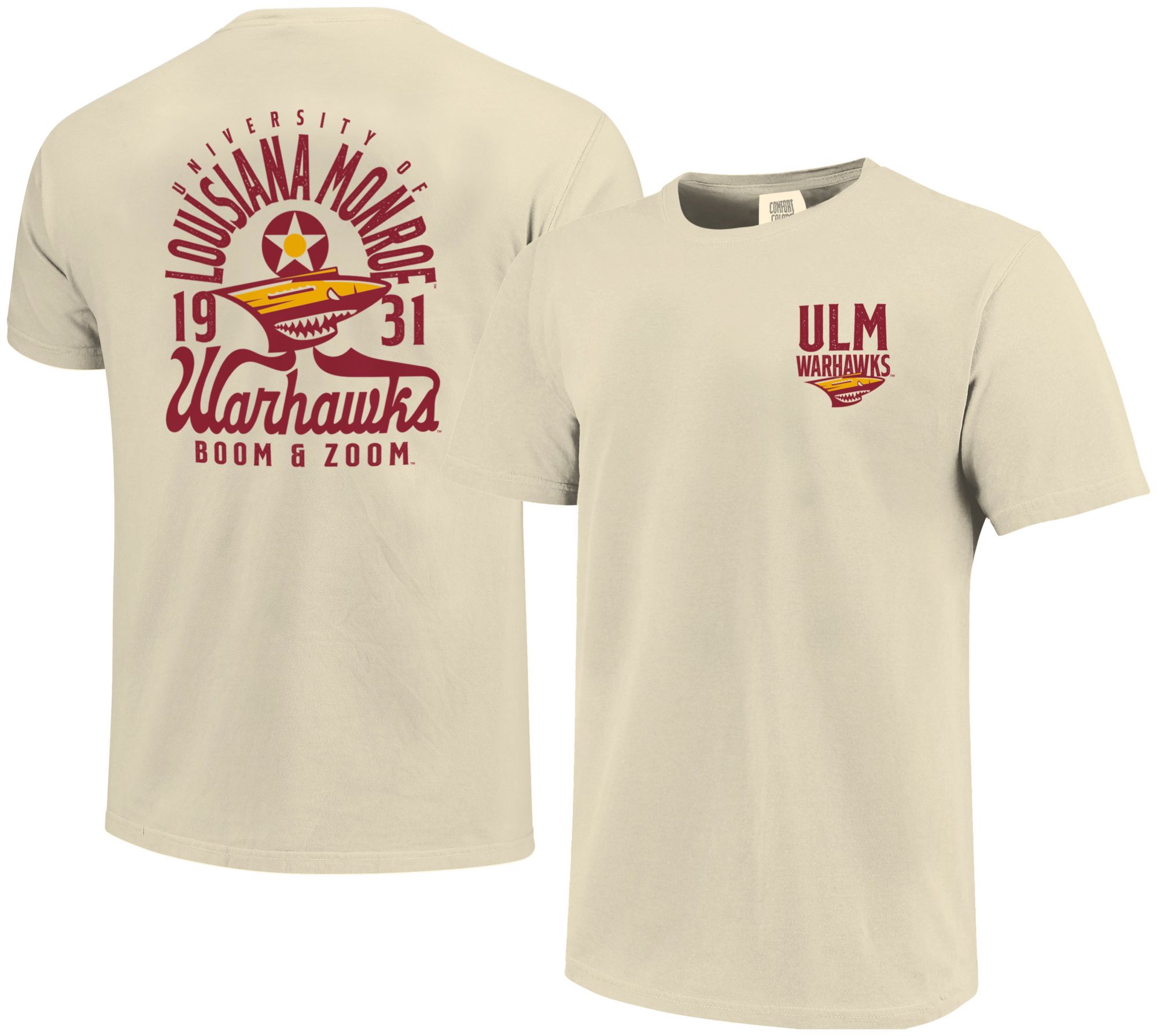 Image One Men's Louisiana-Monroe Warhawks Ivory Mascot Overlay Short Sleeve T-Shirt