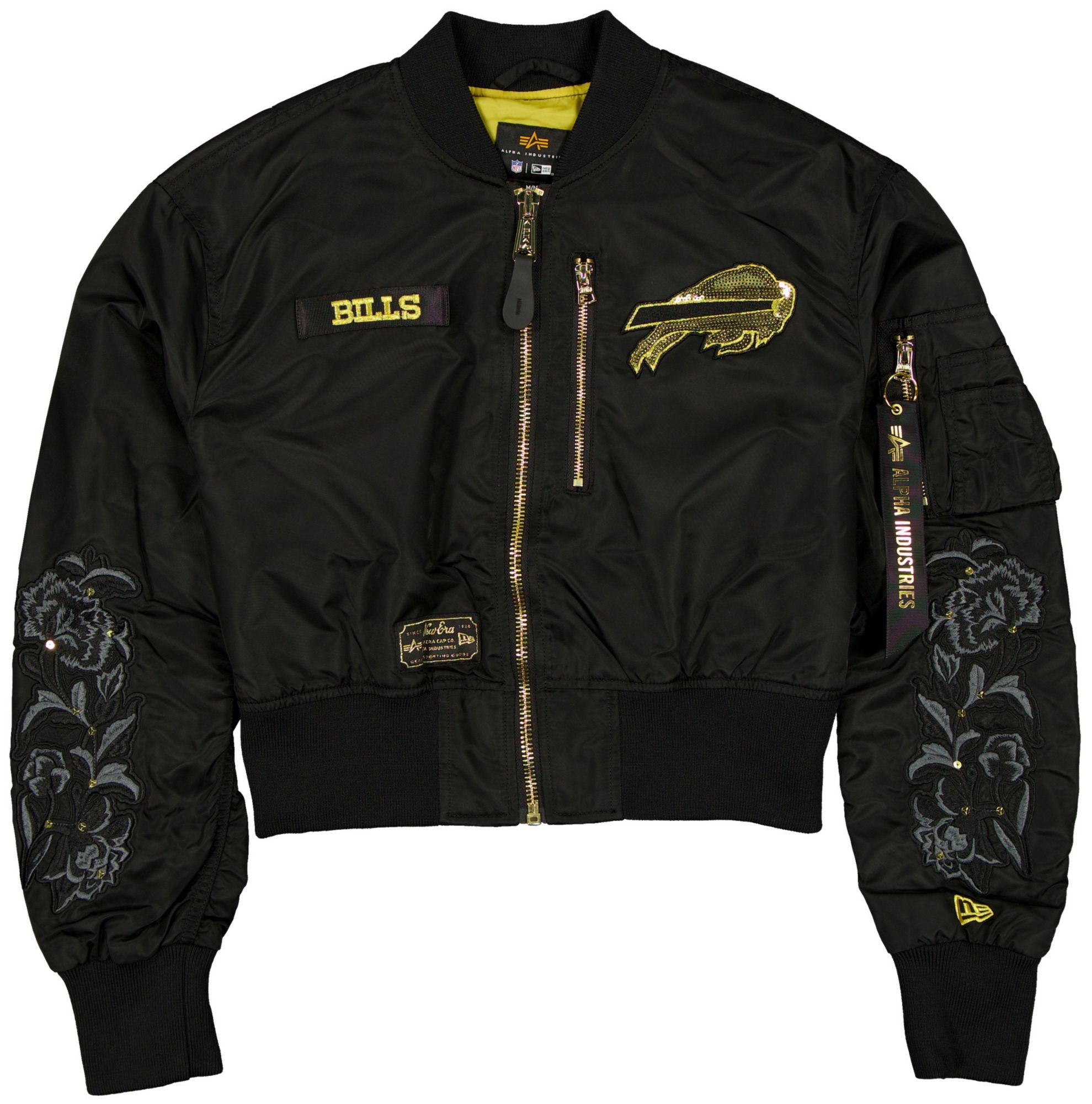 New Era x Alpha Industries Women's Buffalo Bills Black/Gold Glam Satin Jacket