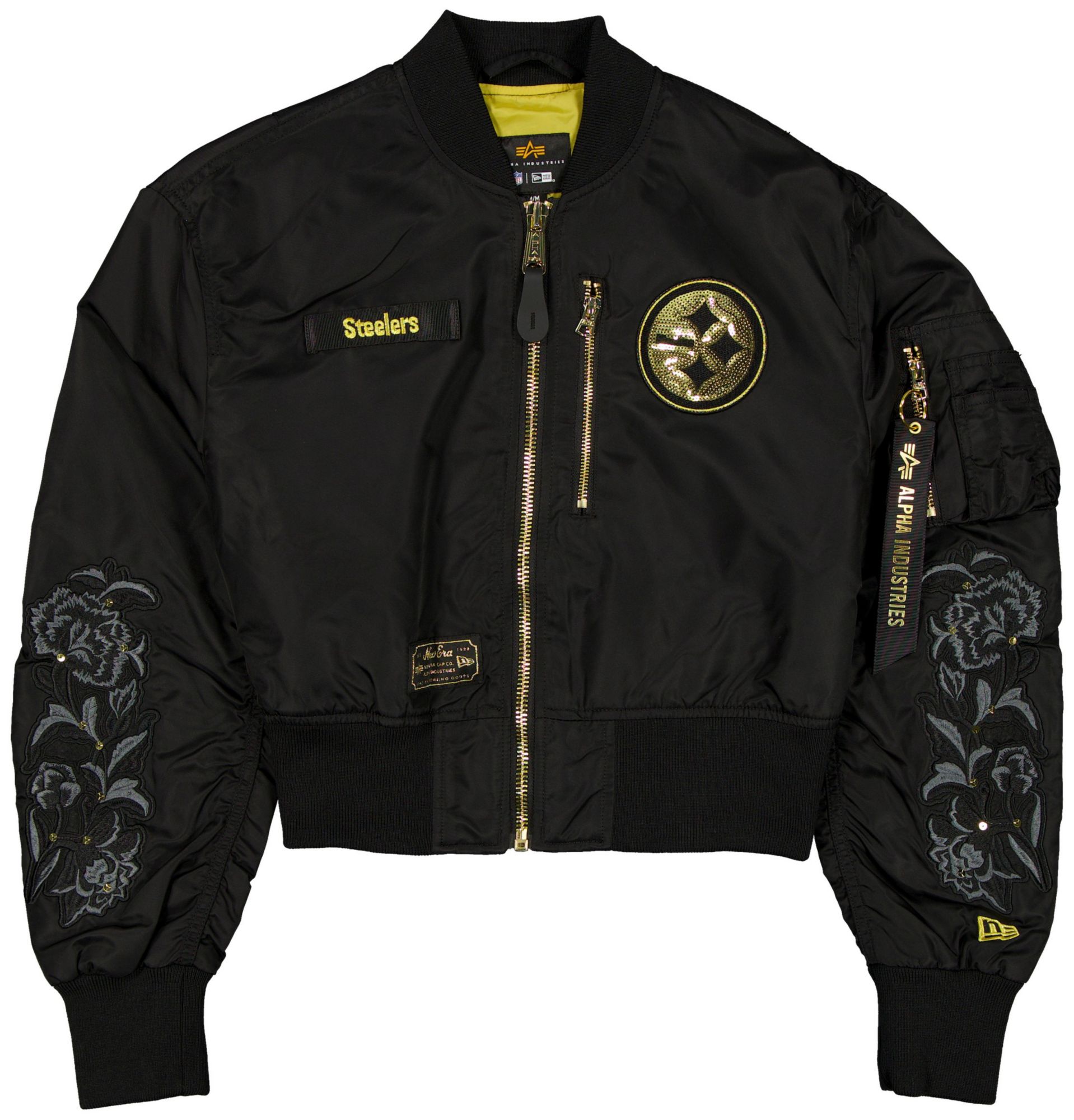New Era x Alpha Industries Women's Pittsburgh Steelers Black/Gold Glam Satin Jacket
