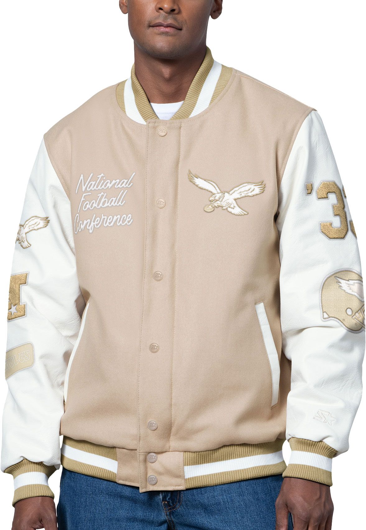 Starter Men's Philadelphia Eagles Heavy Hitter Sand Varsity Jacket