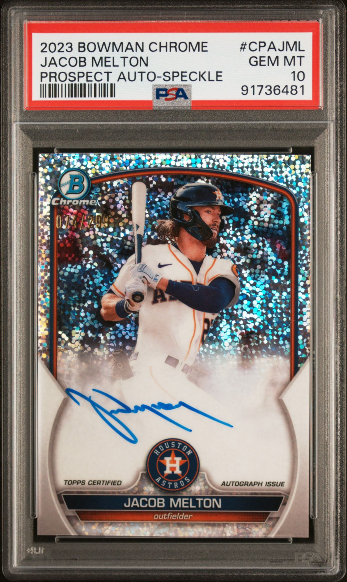 2023 Bowman Chrome Prospect Autographs Jacob Melton Speckle Refractor PSA 10