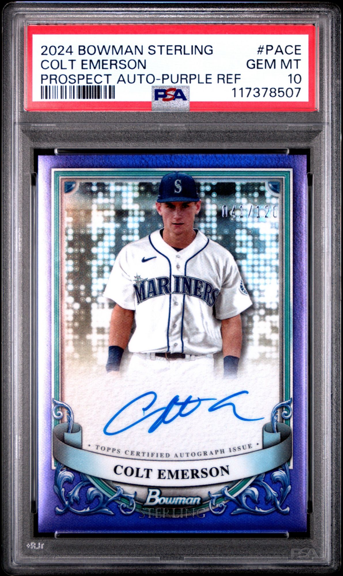 2024 Bowman Sterling Prospect Autographs Colt Emerson Purple Refractor PSA 10