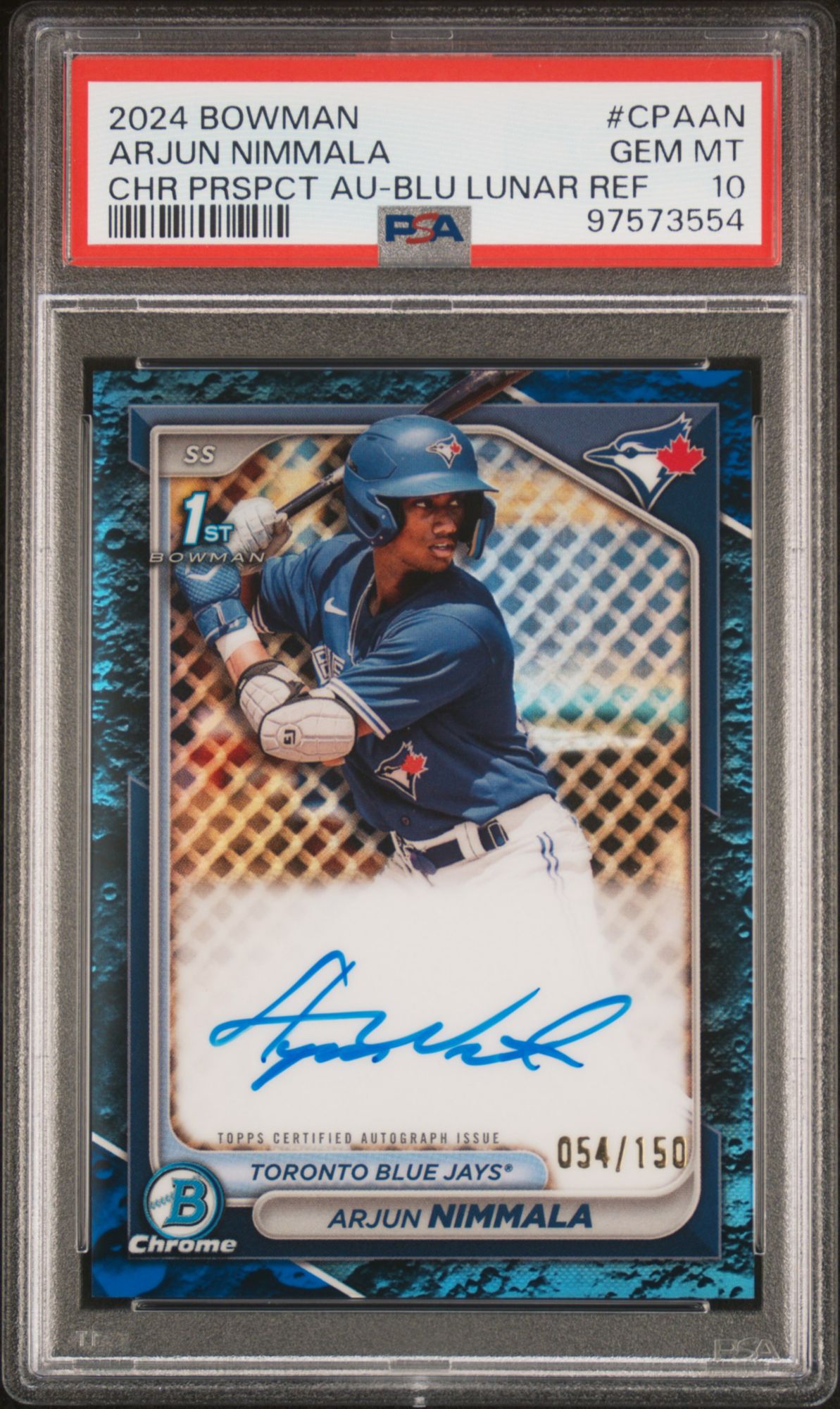 2024 Bowman Chrome Prospect Autographs Arjun Nimmala Blue Lunar Refractor PSA 10