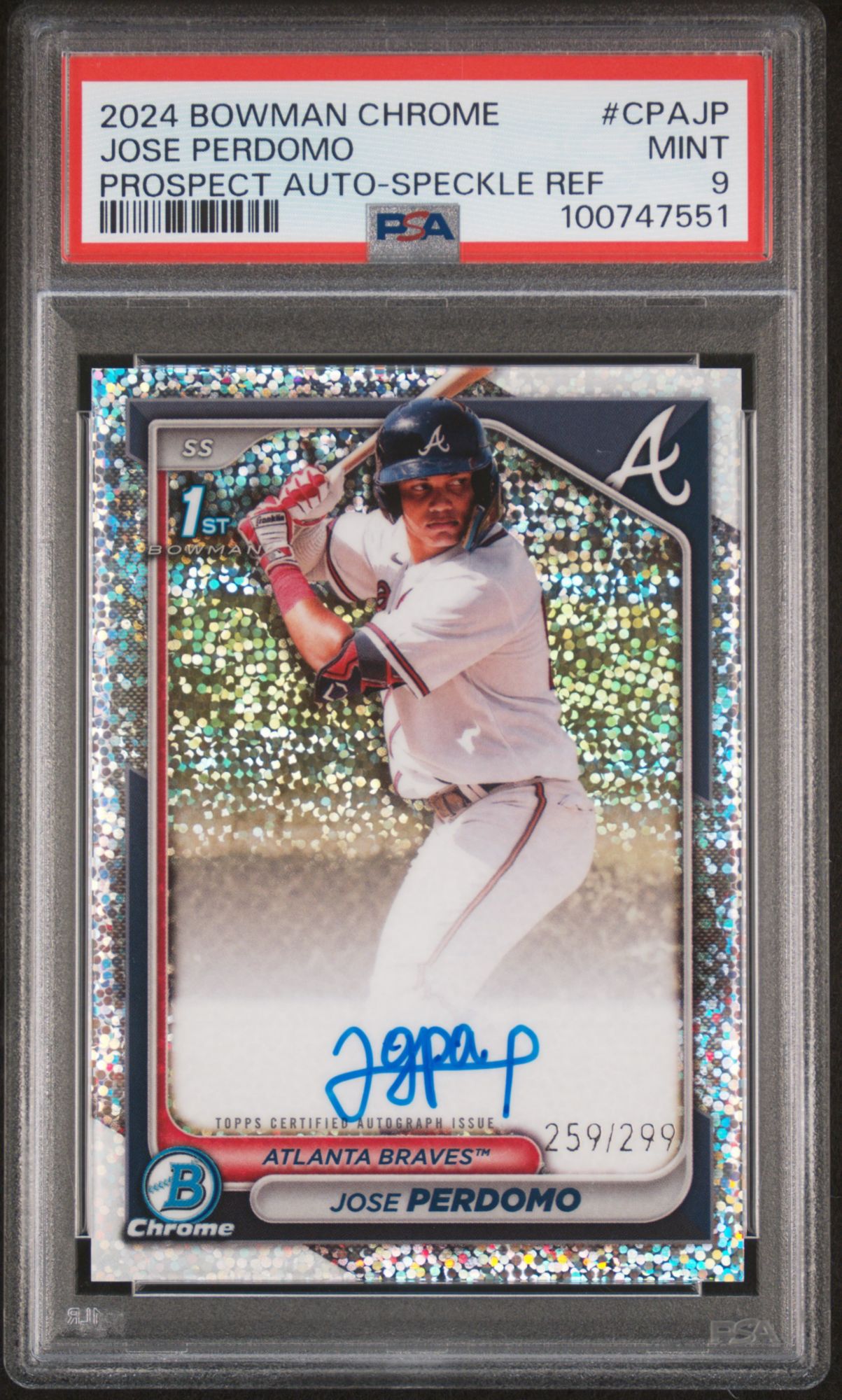 2024 Bowman Chrome Prospect Autographs Jose Perdomo Speckle Refractor PSA 9