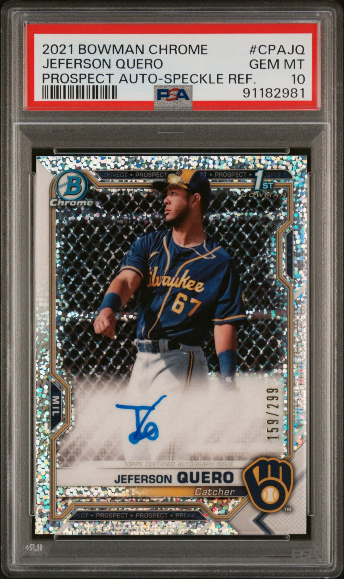 2021 Bowman Chrome Prospect Autographs Jeferson Quero Speckle Refractor PSA 10