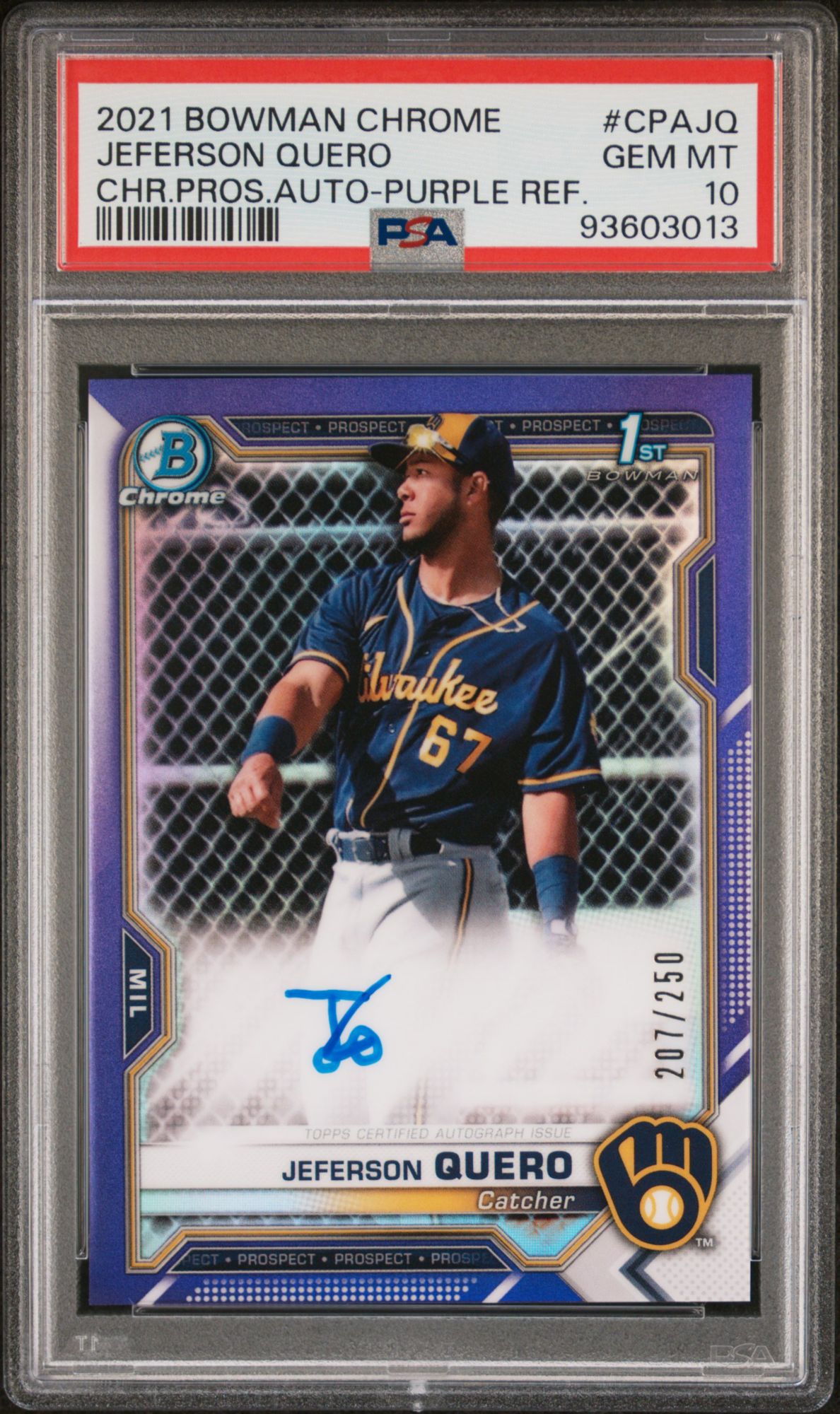 2021 Bowman Chrome Prospect Autographs Jeferson Quero Purple Refractor PSA 10