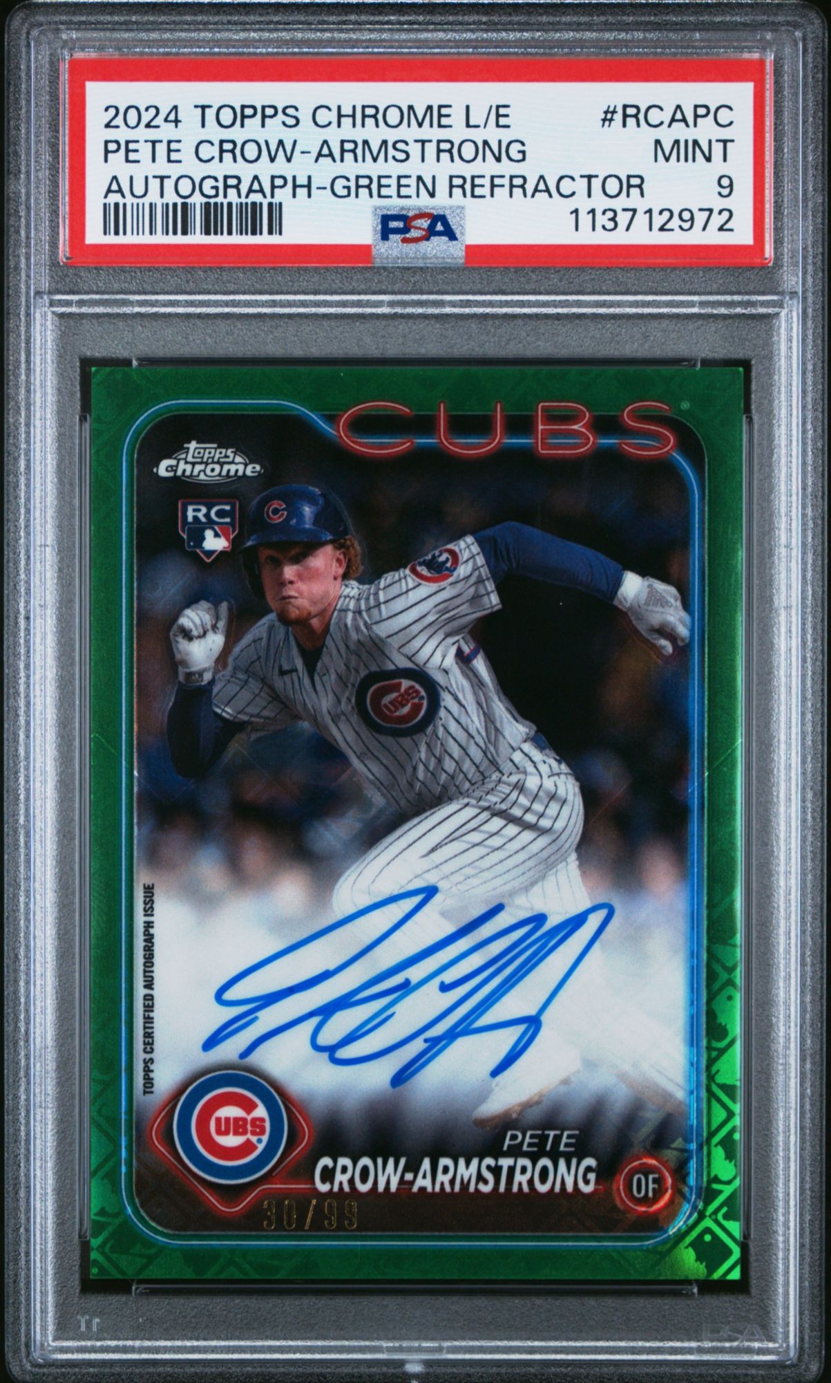 2024 Topps Chrome Logo Fractor Edition MLB Refractor Chrome Autographs Pete Crow-Armstrong Green Refractor PSA 9