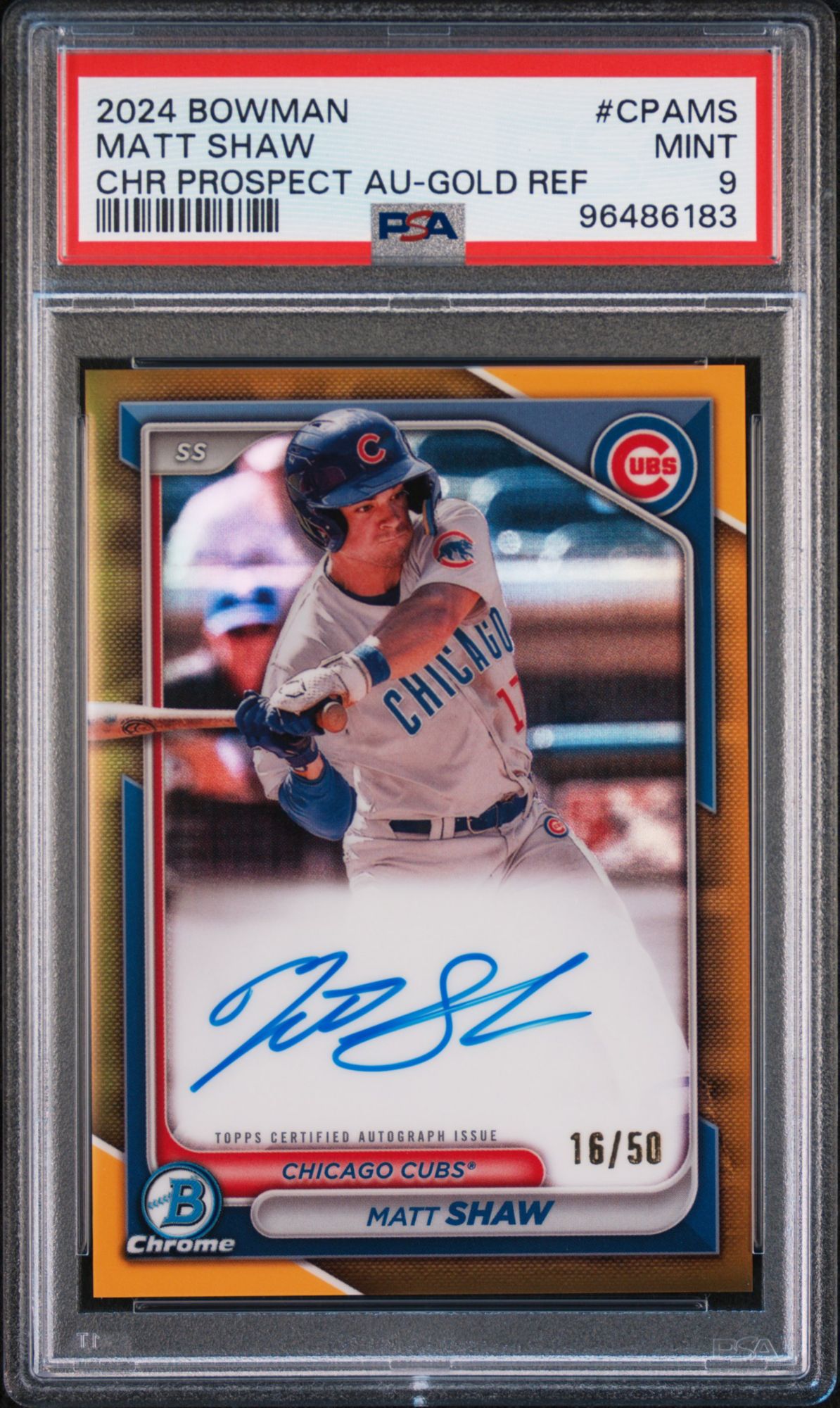 2024 Bowman Chrome Prospect Autographs Matt Shaw Gold Refractor PSA 9