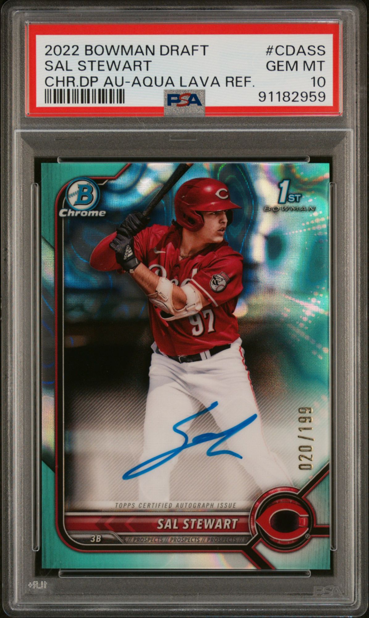 2022 Bowman Draft Chrome Draft Pick Autographs Sal Stewart Aqua Lava Refractor PSA 10