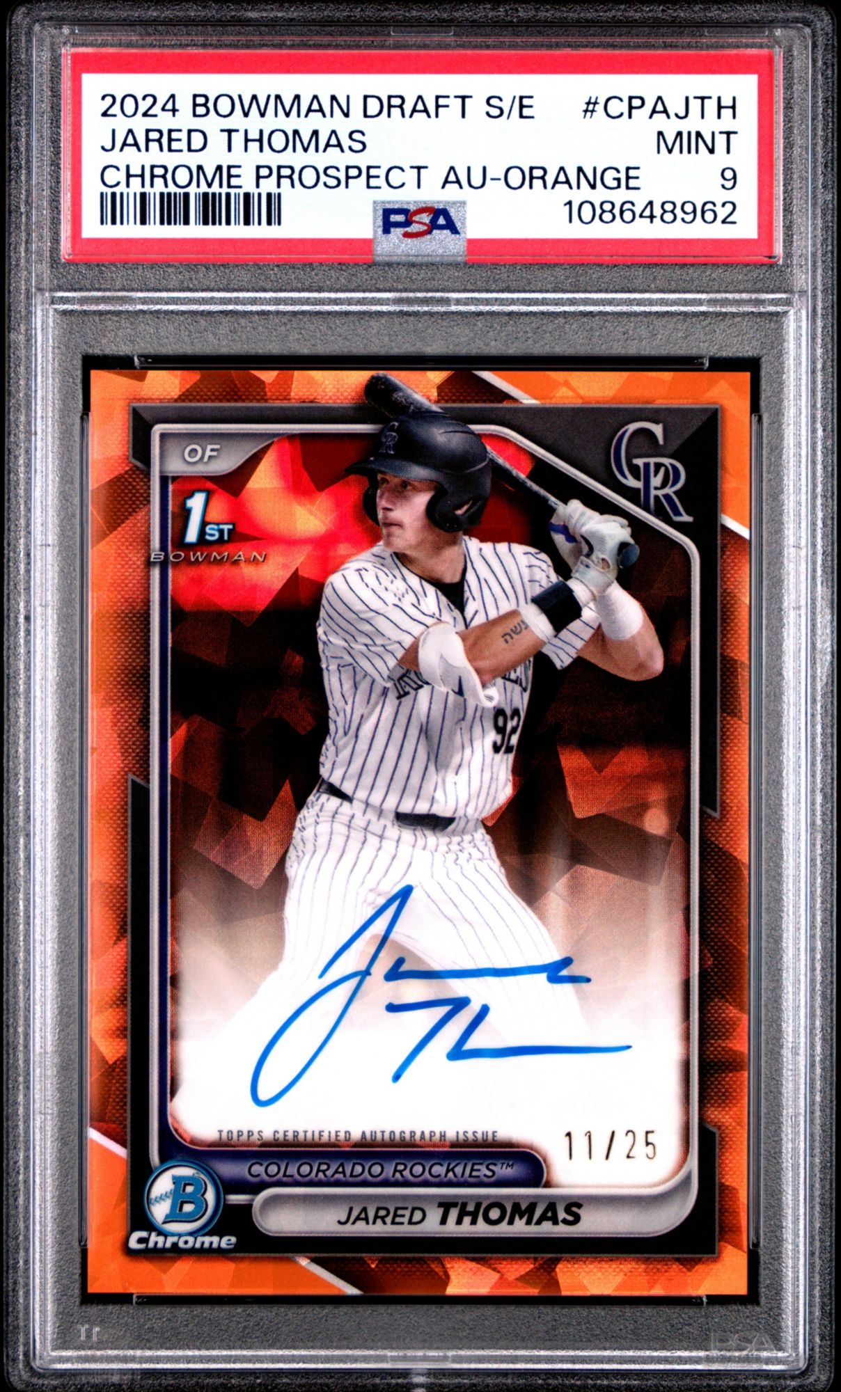 2024 Bowman Draft Sapphire Edition Chrome Sapphire Prospect Autographs Jared Thomas Orange PSA 9