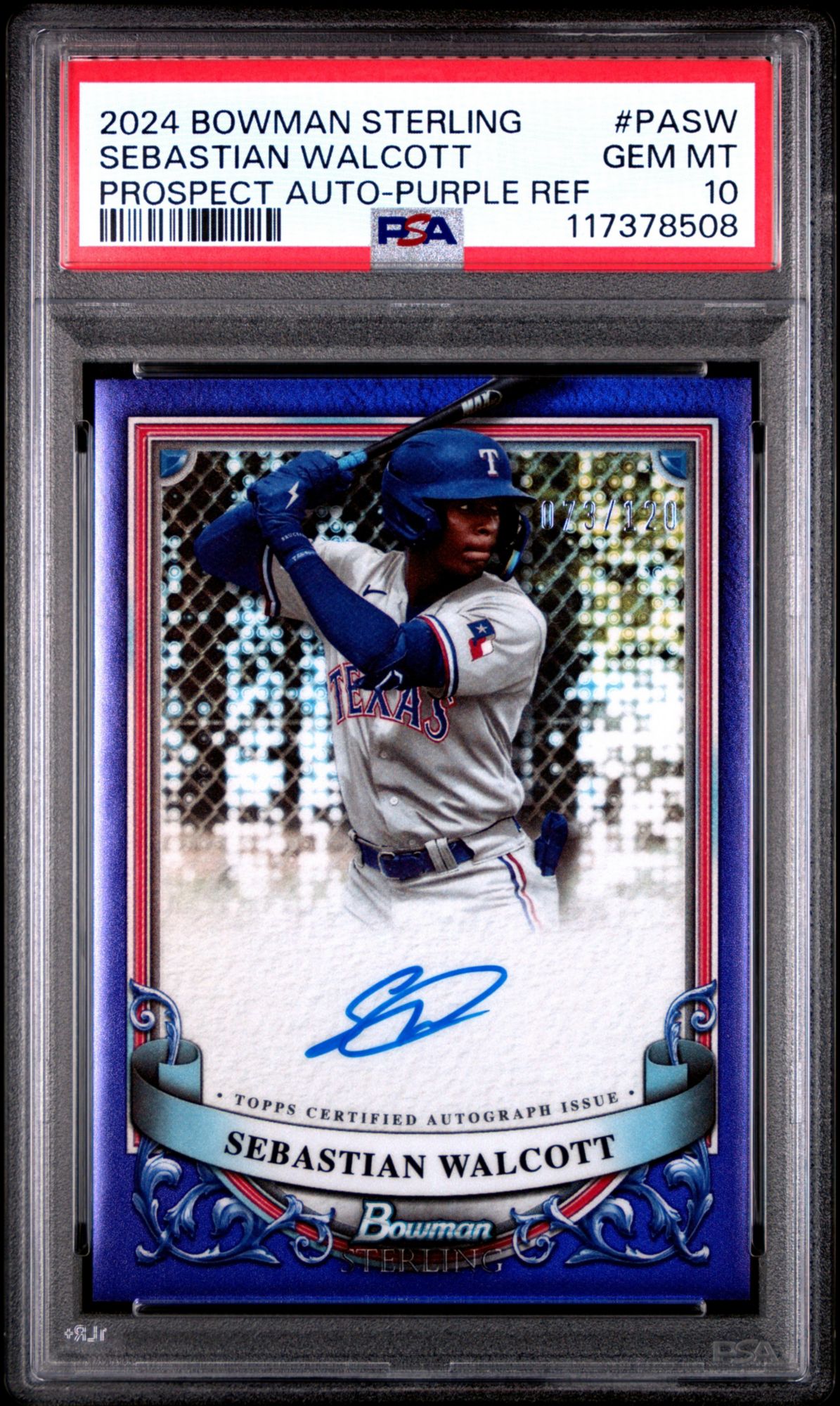 2024 Bowman Sterling Prospect Autographs Sebastian Walcott Purple Refractor PSA 10