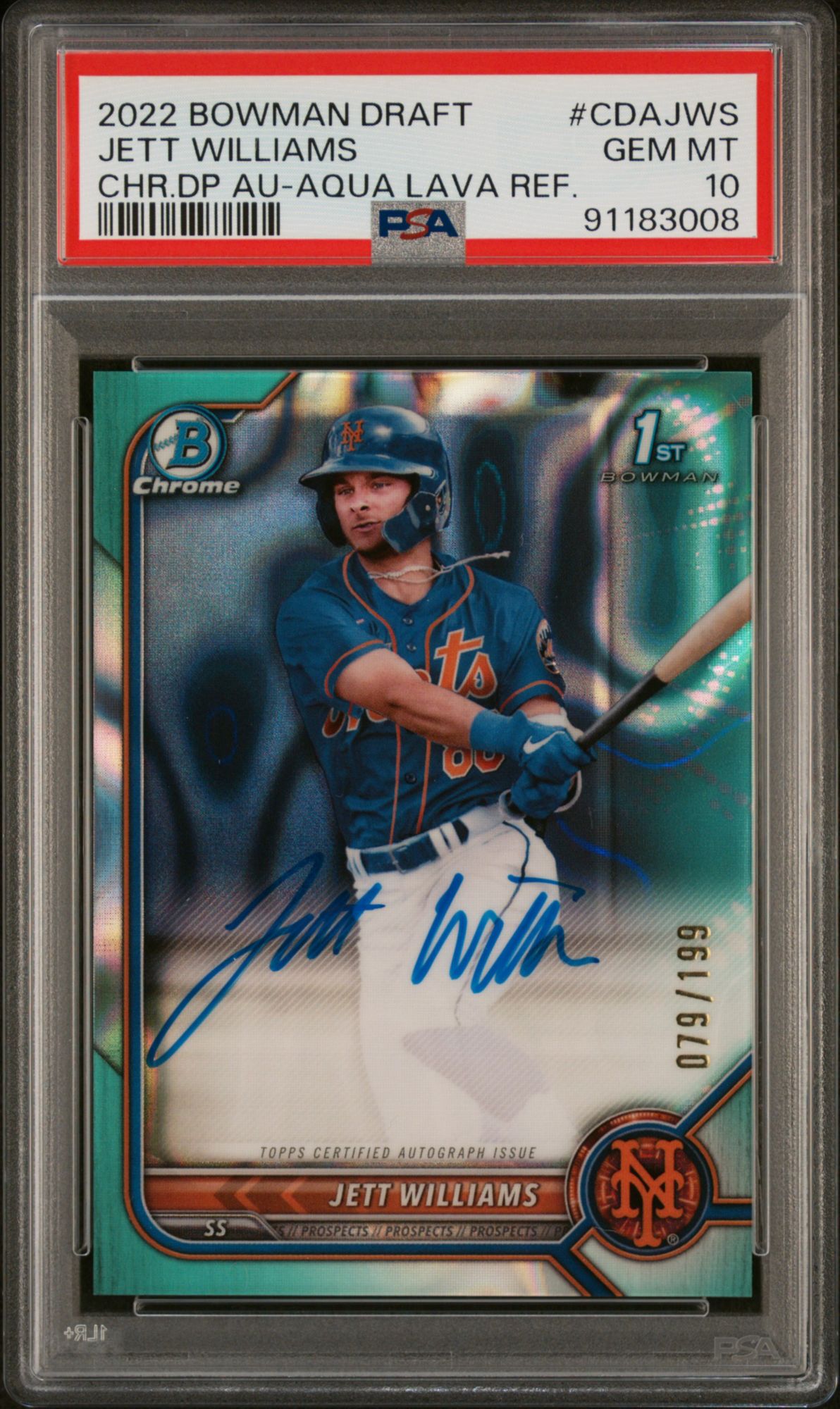 2022 Bowman Draft Chrome Draft Pick Autographs Jett Williams Aqua Lava Refractor PSA 10
