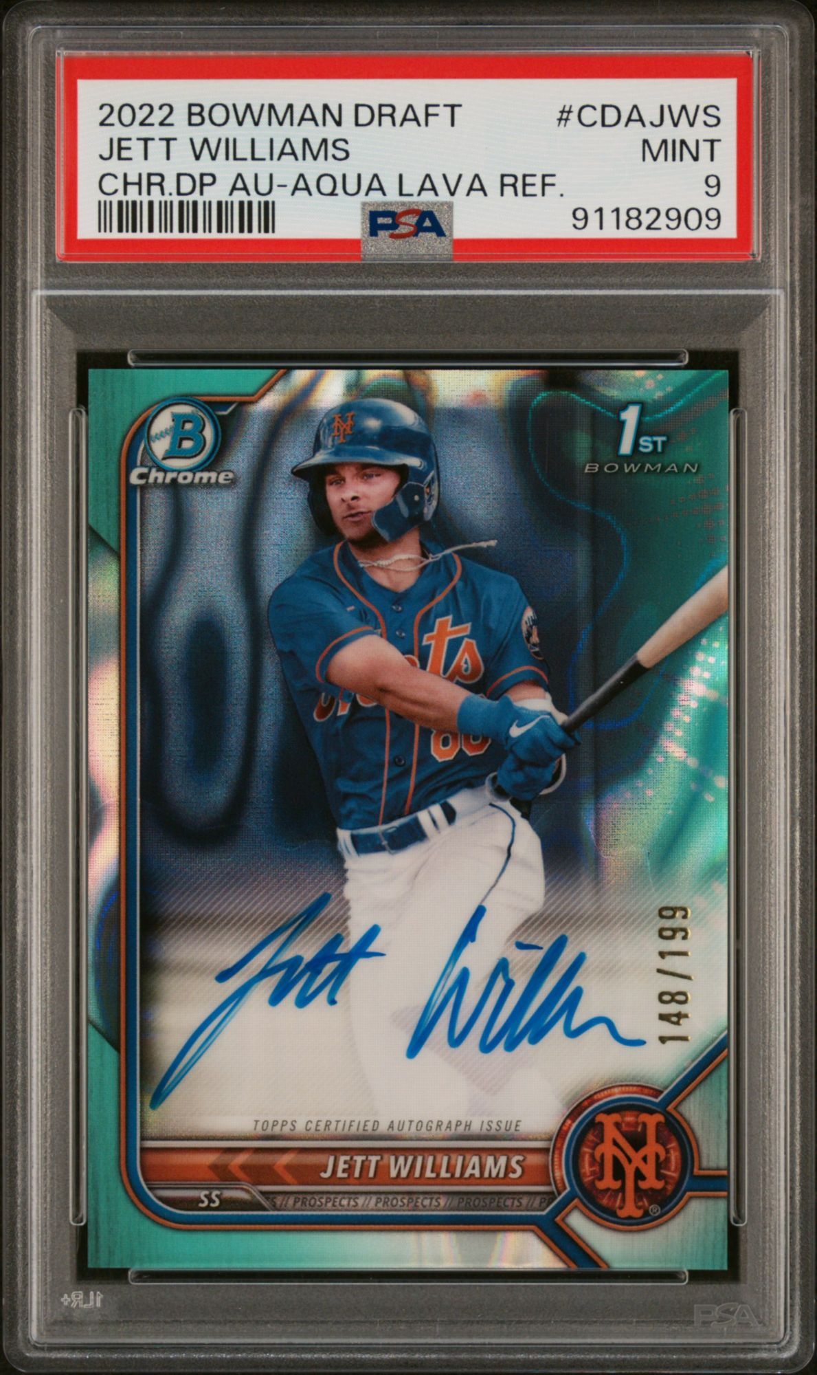 2022 Bowman Draft Chrome Draft Pick Autographs Jett Williams Aqua Lava Refractor PSA 9