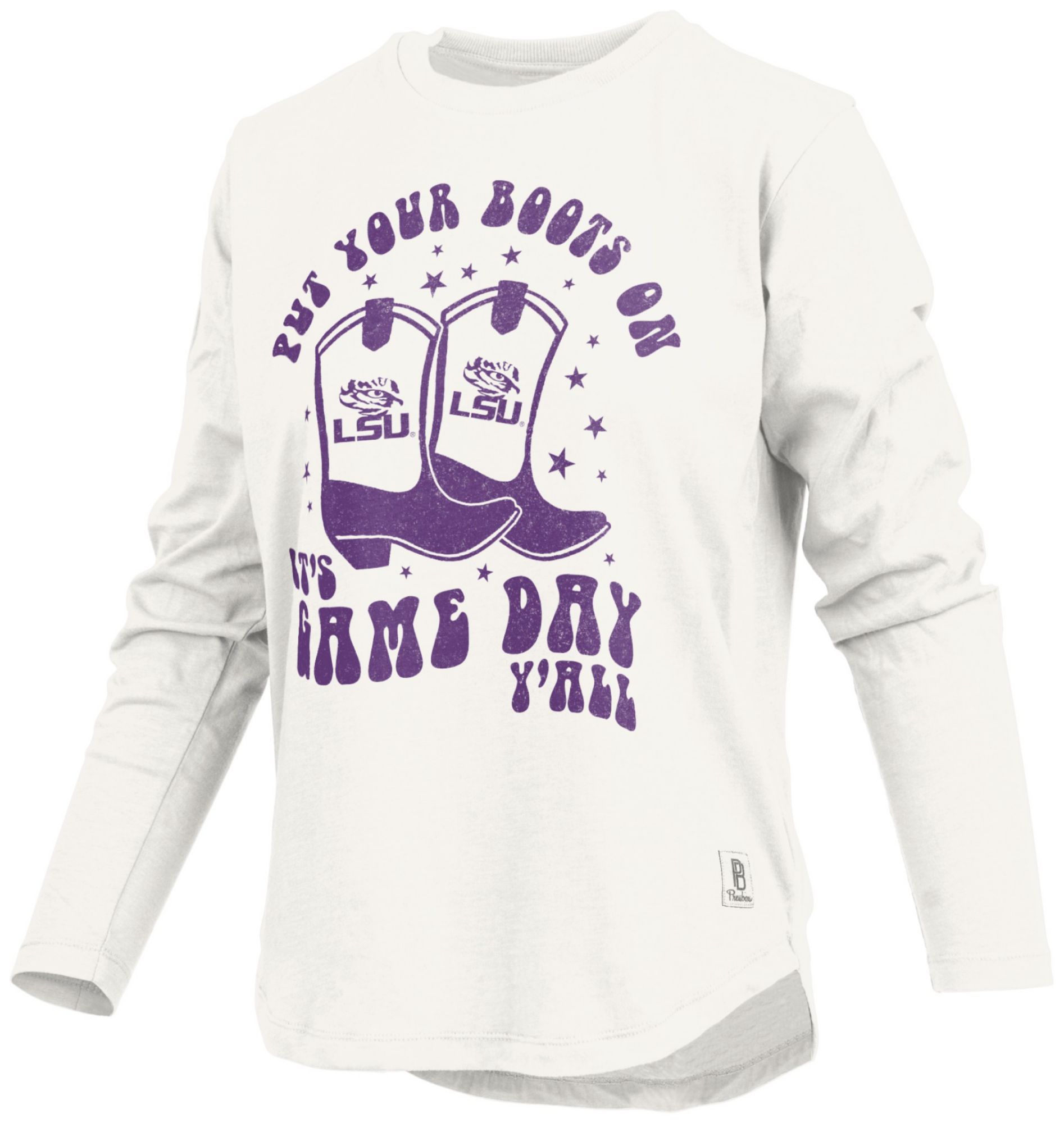 Pressbox Women's LSU Tigers White Gameday Boots Long Sleeve T-Shirt