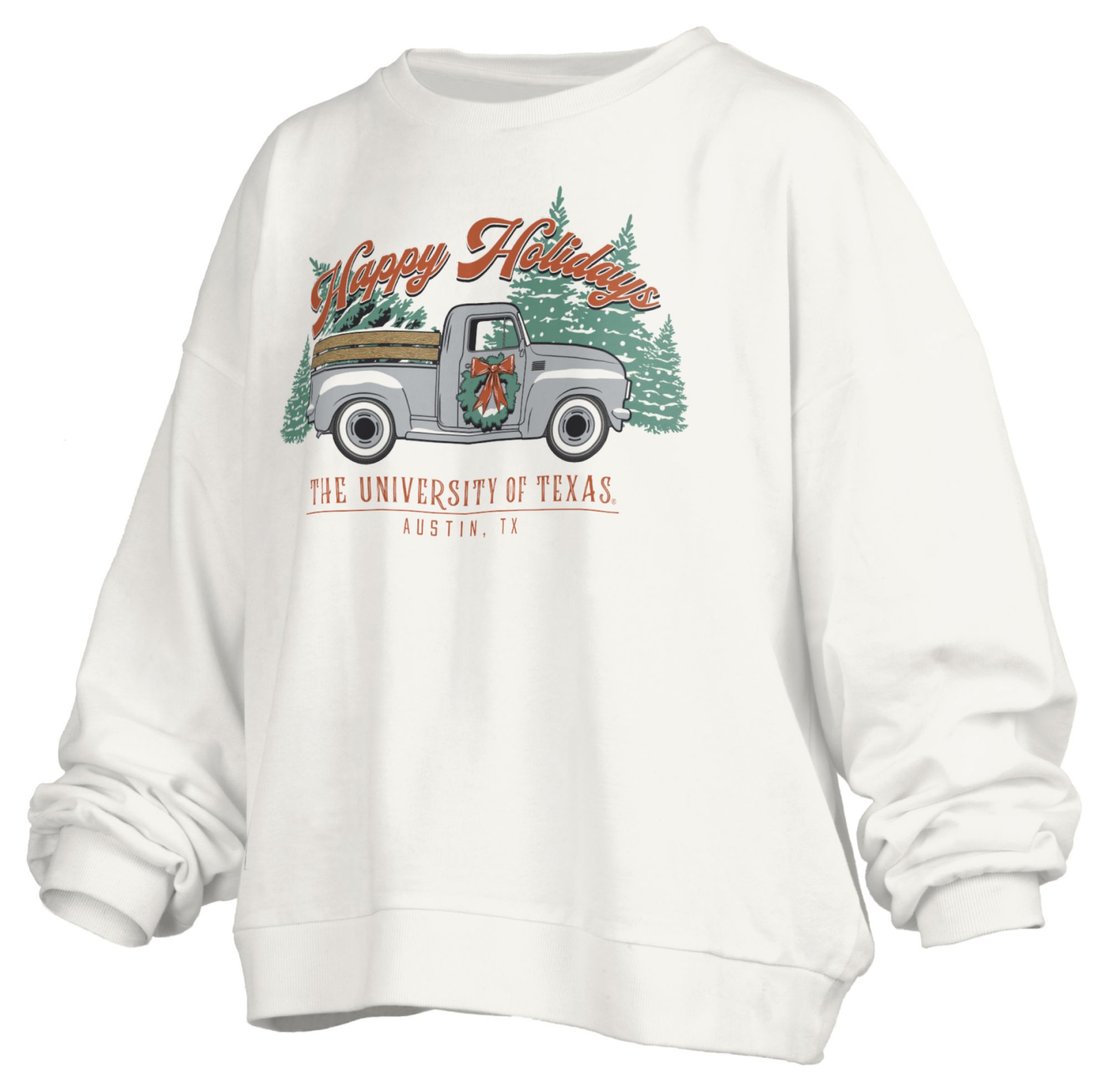 Pressbox Women's Texas Longhorns White Holiday Truck Crewneck Sweatshirt