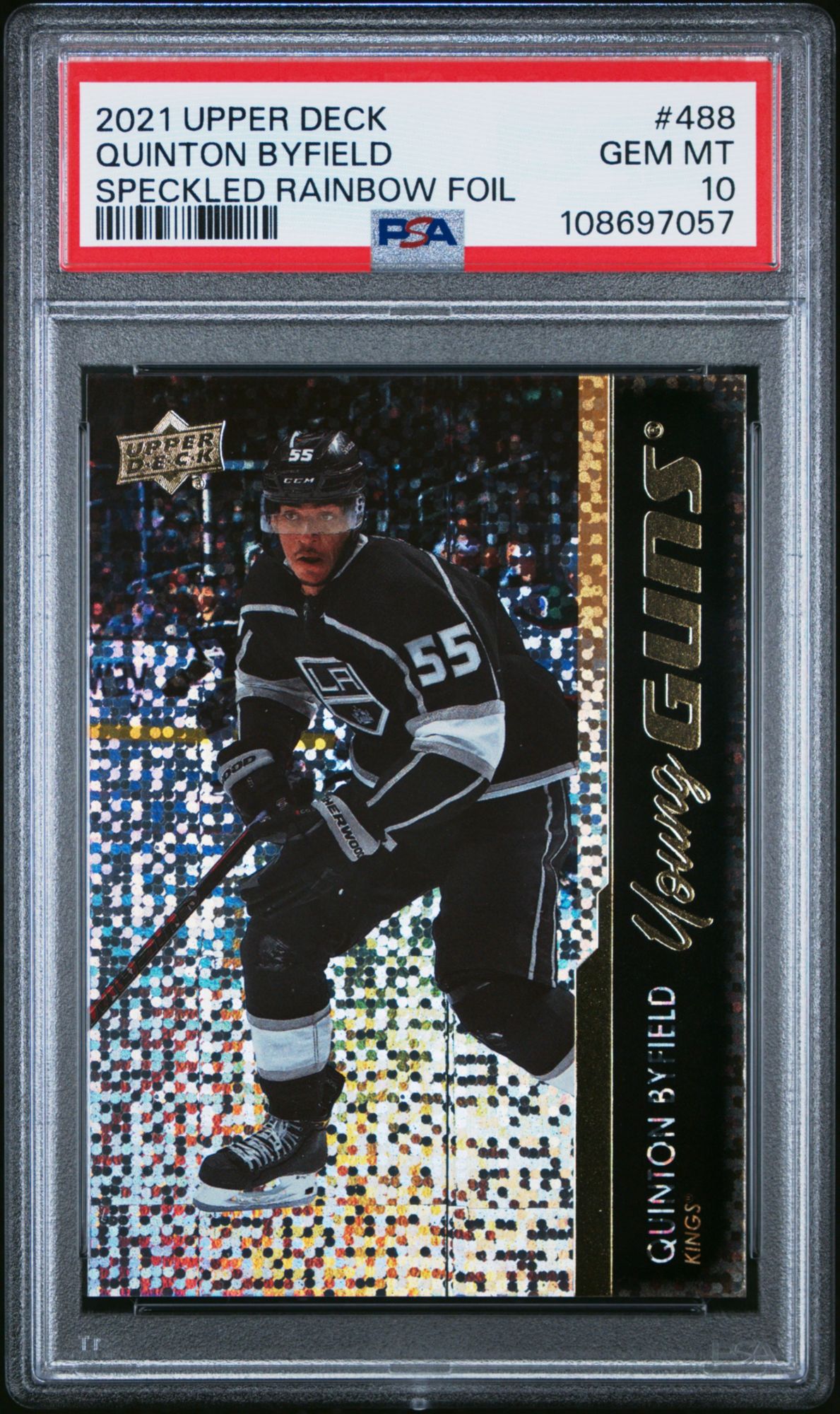 2021-2022 Upper Deck 488 Quinton Byfield Speckled Rainbow Foil PSA 10