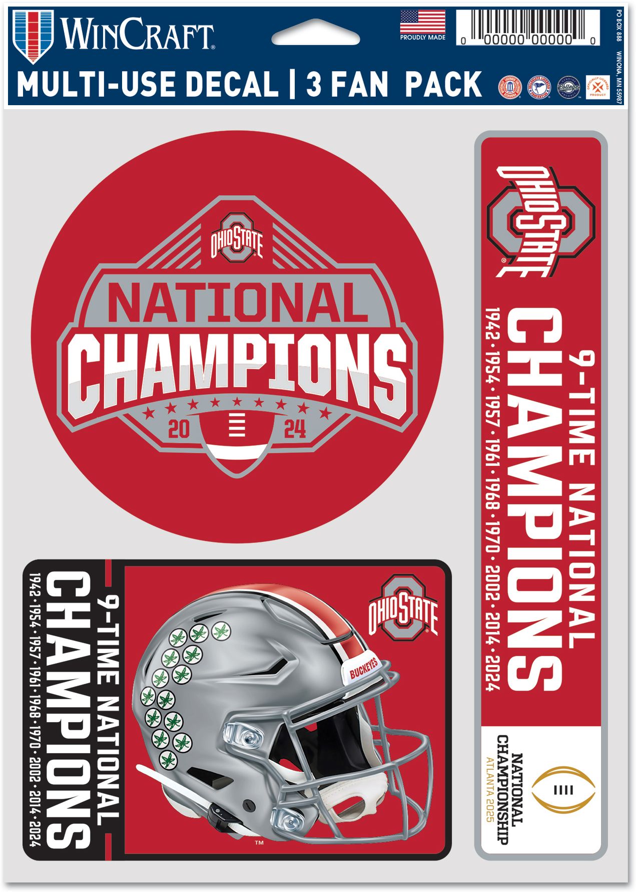 WinCraft 2024-25 National Champions Ohio State Buckeyes Decals 3-Pack
