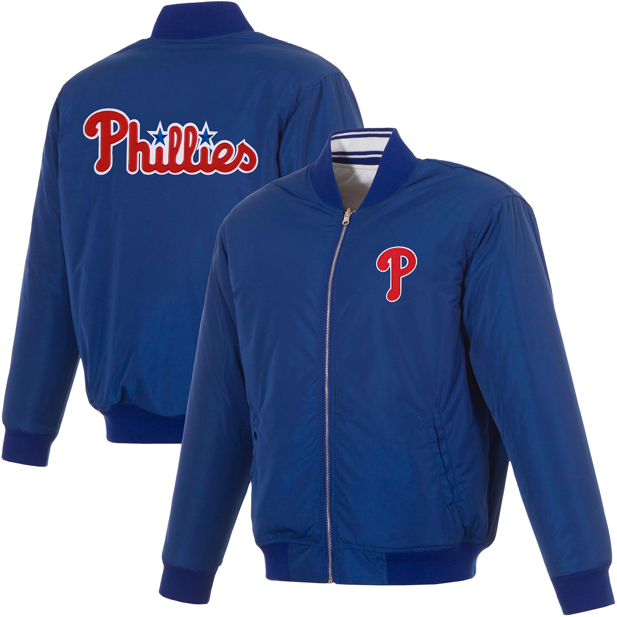 JH Design Men's Philadelphia Phillies Full-Zip Reversible Flight Royal Nylon Jacket