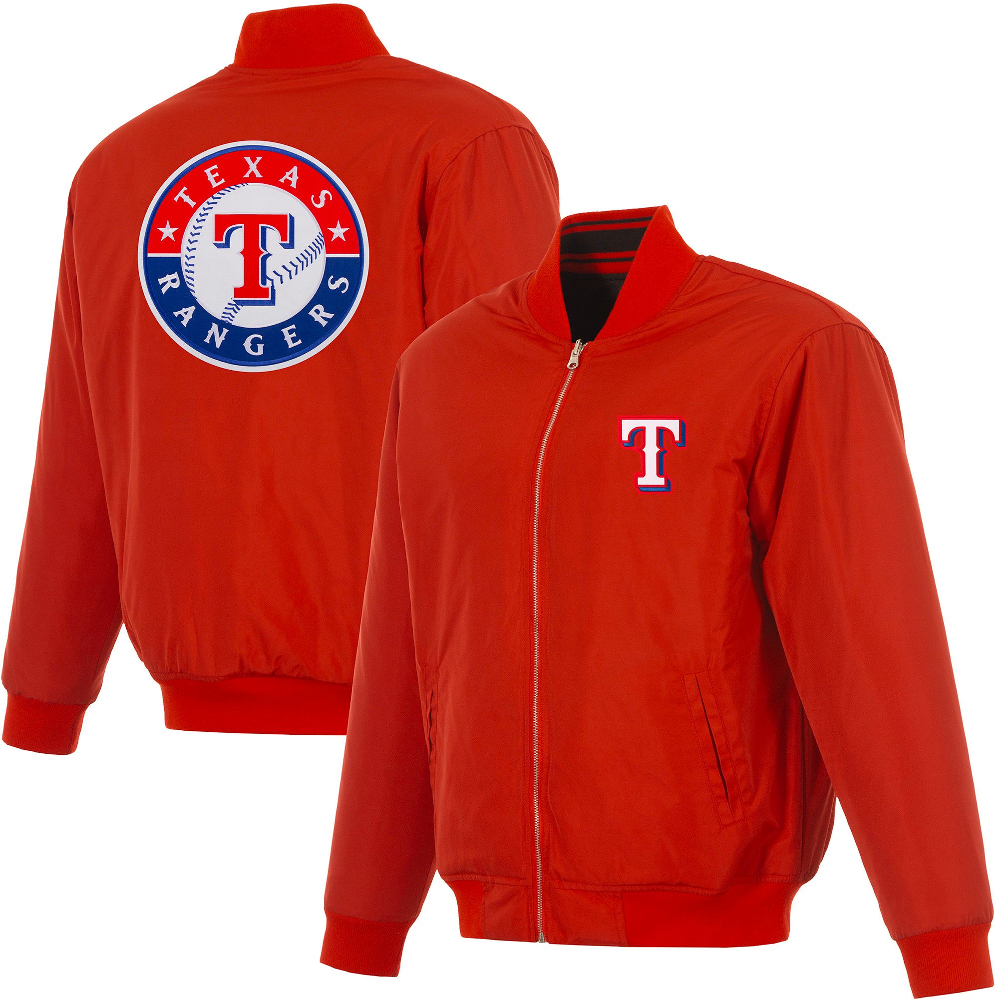 JH Design Men's Texas Rangers Full-Zip Reversible Flight Red Nylon Jacket