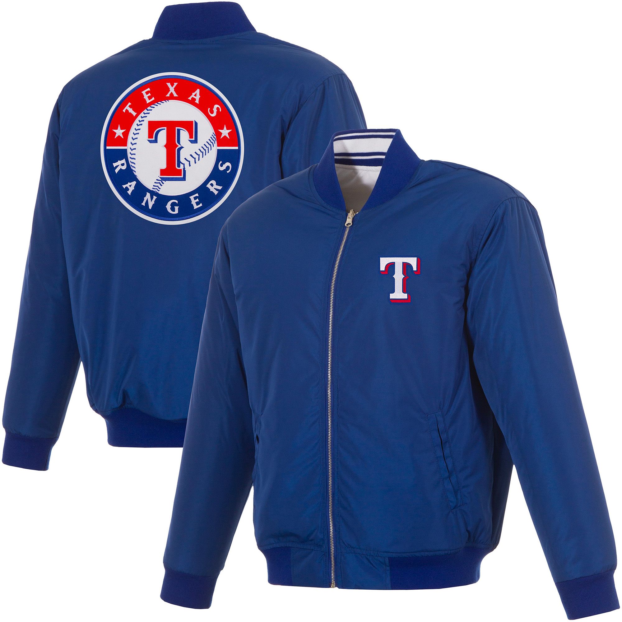 JH Design Men's Texas Rangers Full-Zip Reversible Flight Royal Nylon Jacket