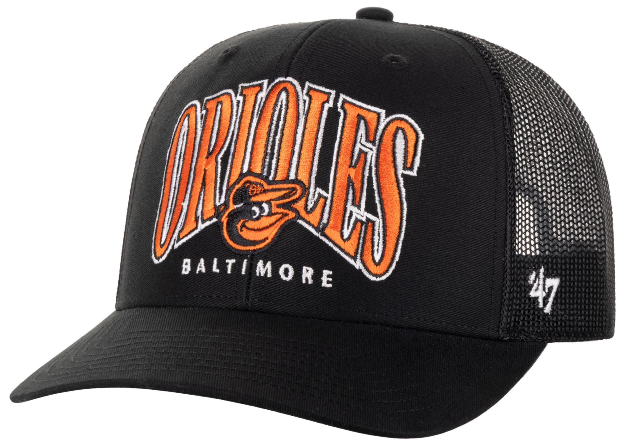 '47 Adult Baltimore Orioles Black Drawbridge Trucker Adjustable Hat