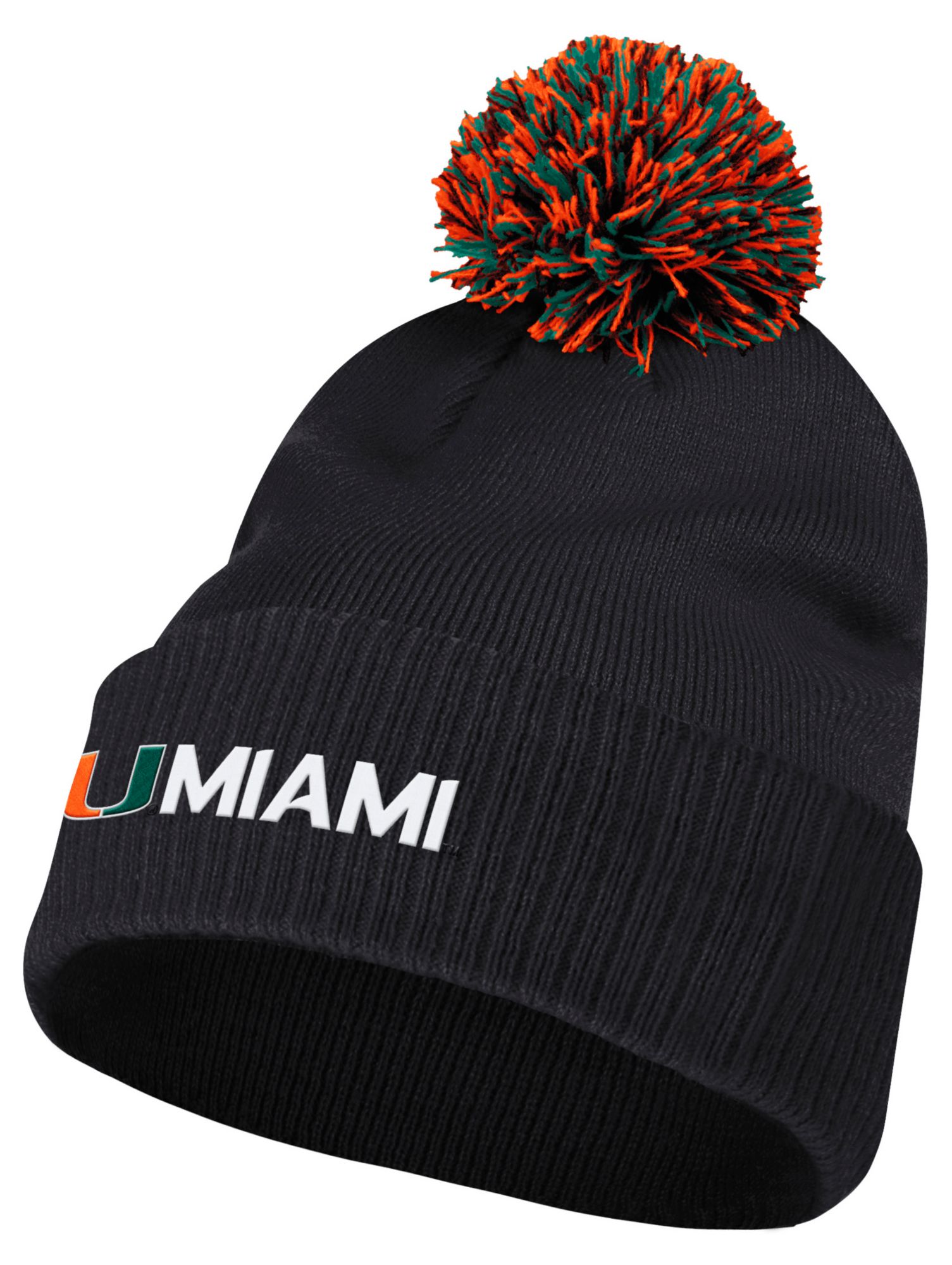adidas Adult Miami Hurricanes Locker Room Sideline Cuffed Knit Pom Beanie, Men's, Black