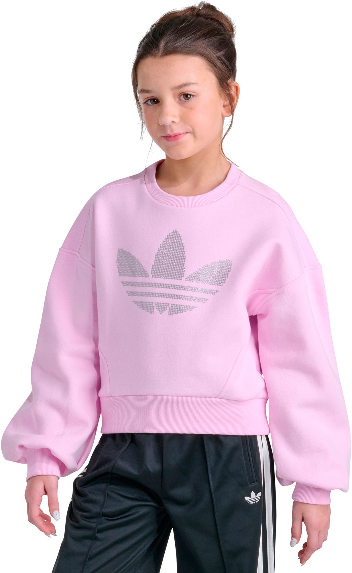 adidas Originals Girls' Glitter Trefoil Fleece Crew, Medium, Orchid Fusion