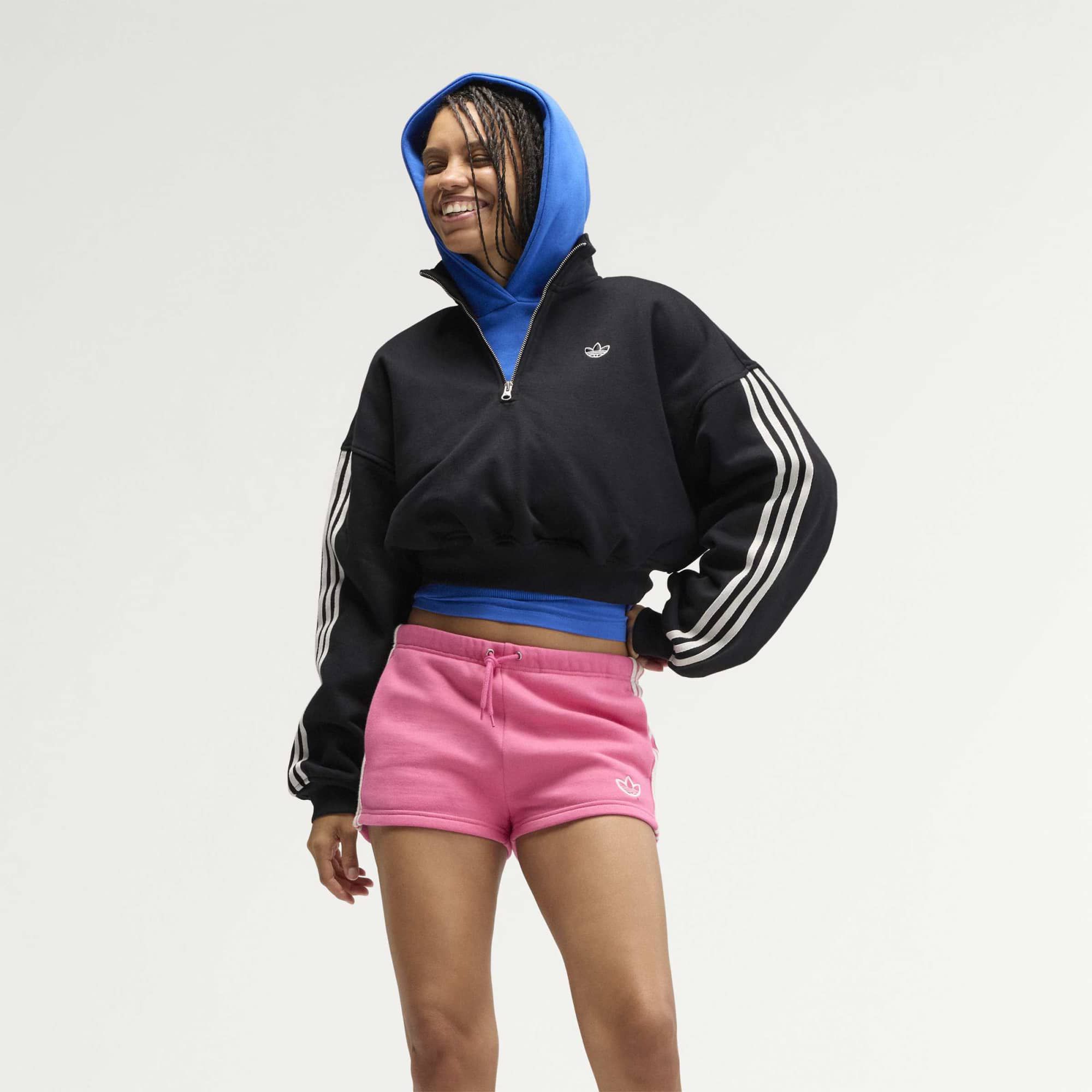 adidas adiSignature 3 Stripes Firebird Cropped Quarter Zip Pullover Black L - Womens Originals Hoodies & Sweatshirts