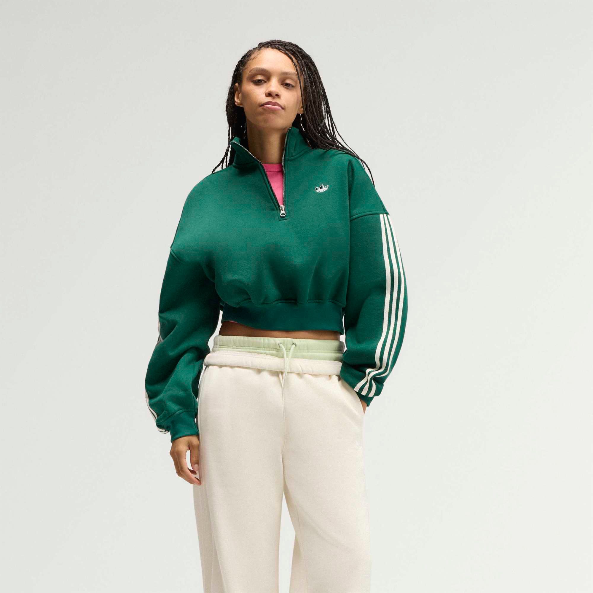 adidas adiSignature 3 Stripes Firebird Cropped Quarter Zip Pullover Green M - Womens Originals Hoodies & Sweatshirts