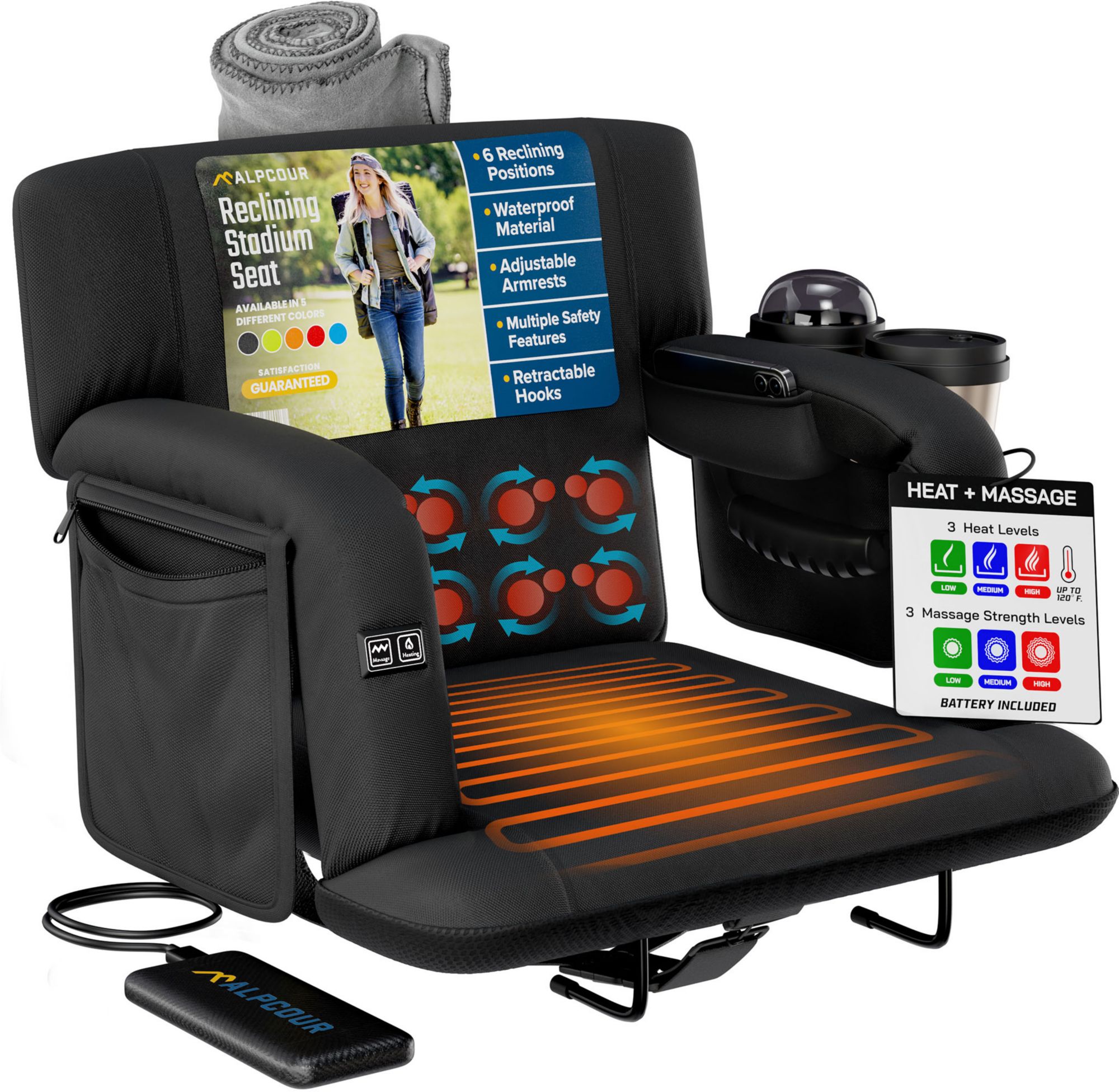 Alpcour 21" Premium Heated Massage Reclining Stadium Seat