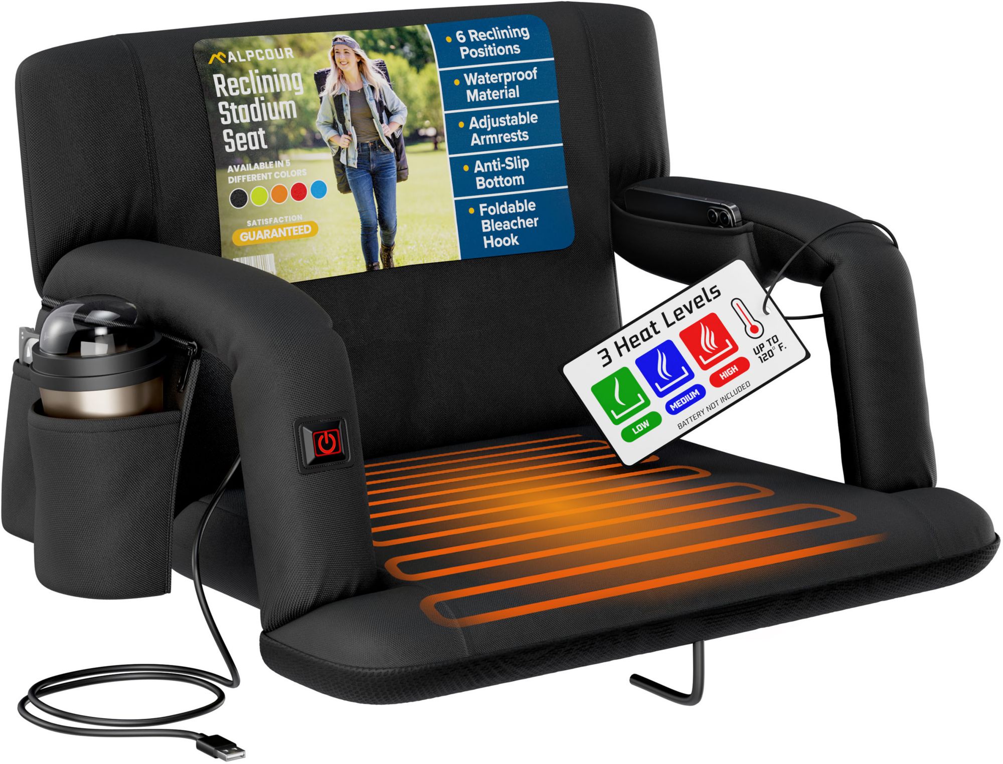 Alpcour 25" Heated Reclining Stadium Seat, Black