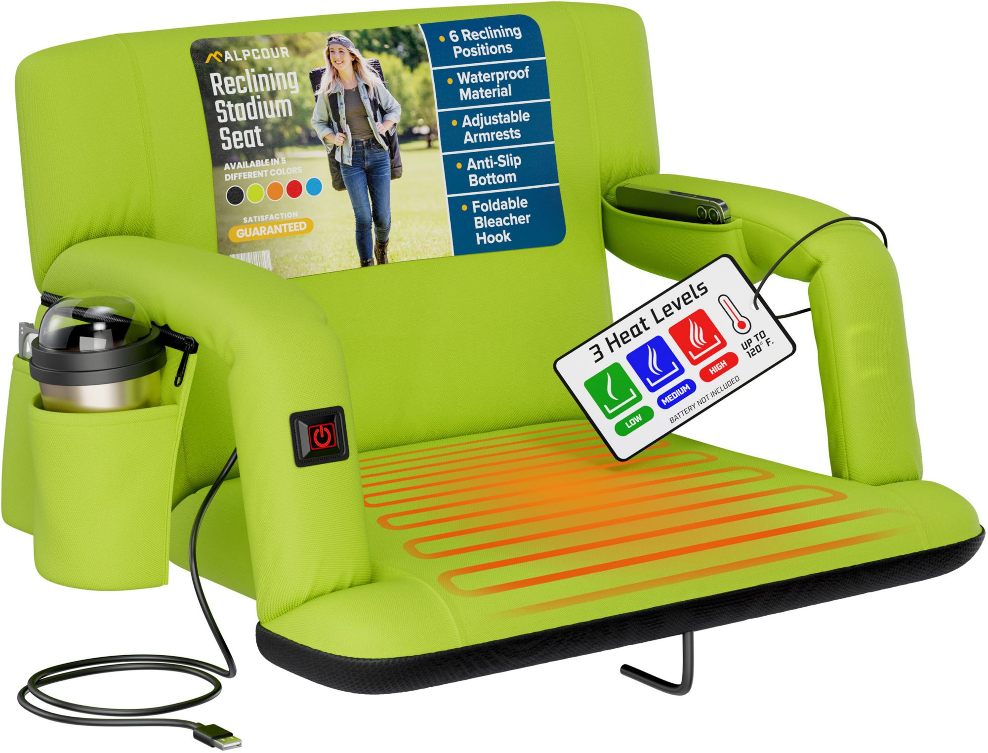 Alpcour 25" Heated Reclining Stadium Seat, Lime Green