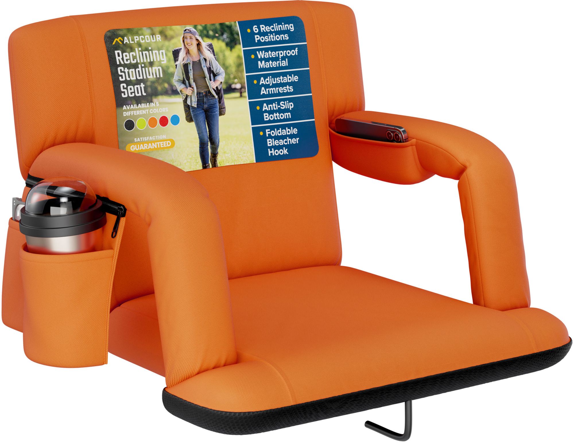 Alpcour 21" Reclining Stadium Seat with Armrests, Orange