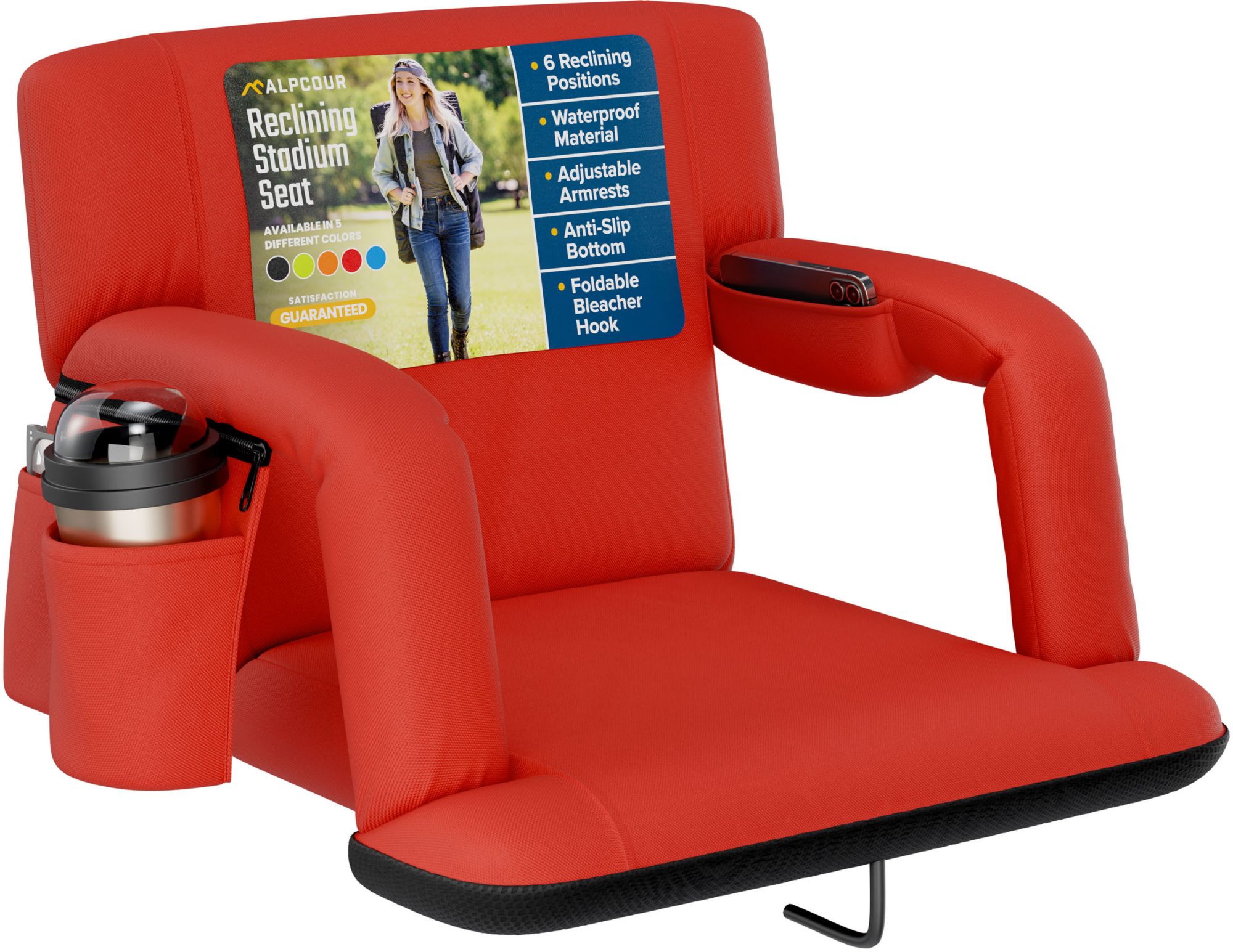 Alpcour 21" Reclining Stadium Seat with Armrests, Red