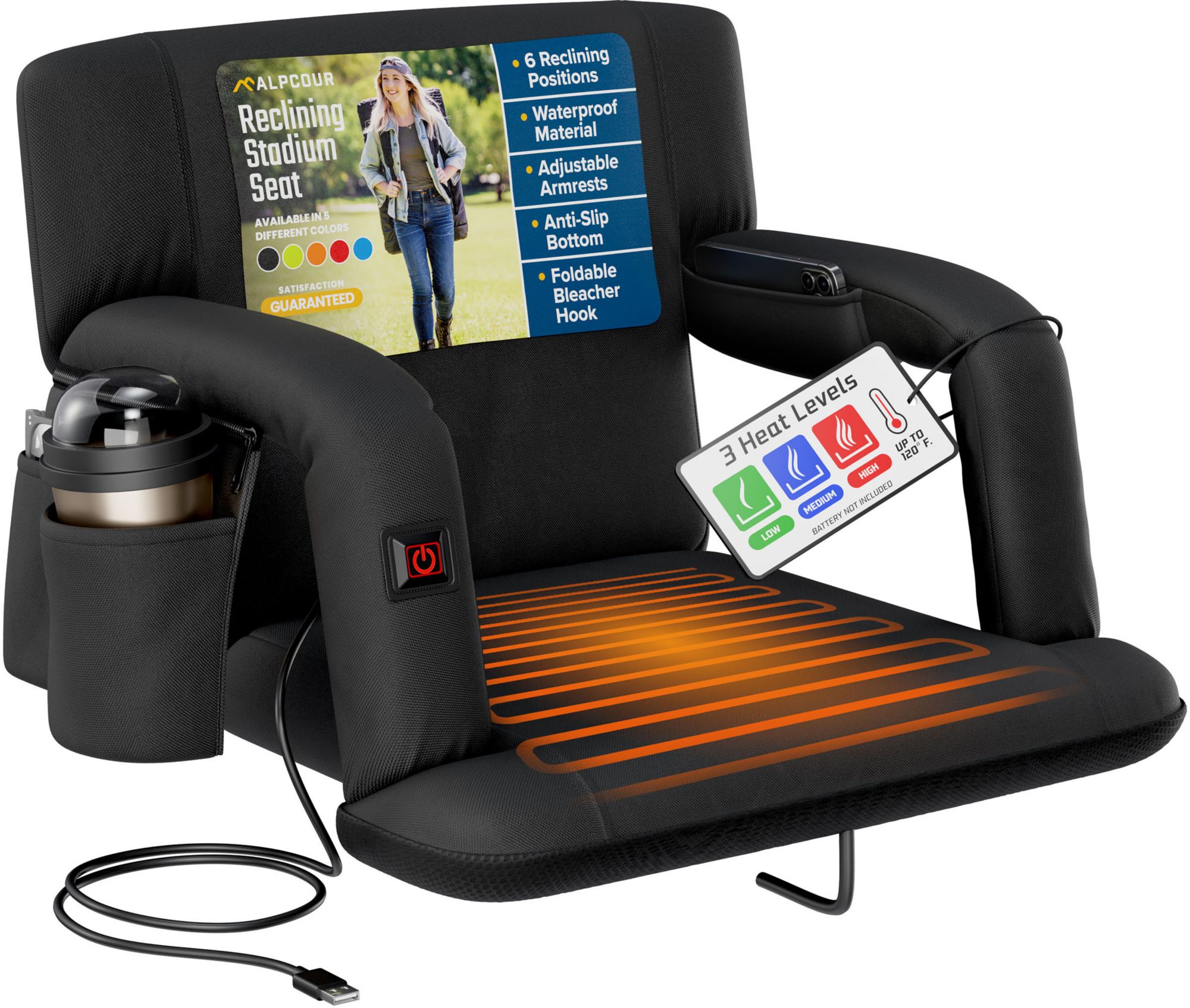 Alpcour 21" Heated Reclining Stadium Seat, Black
