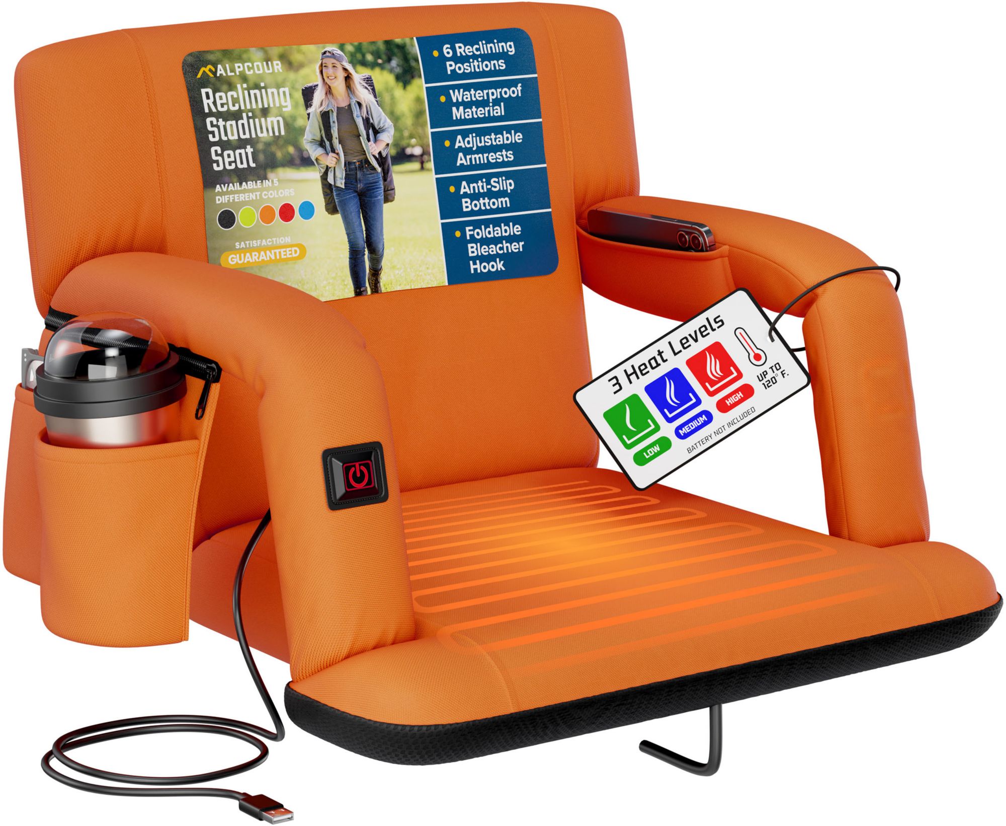 Alpcour 21" Heated Reclining Stadium Seat, Orange