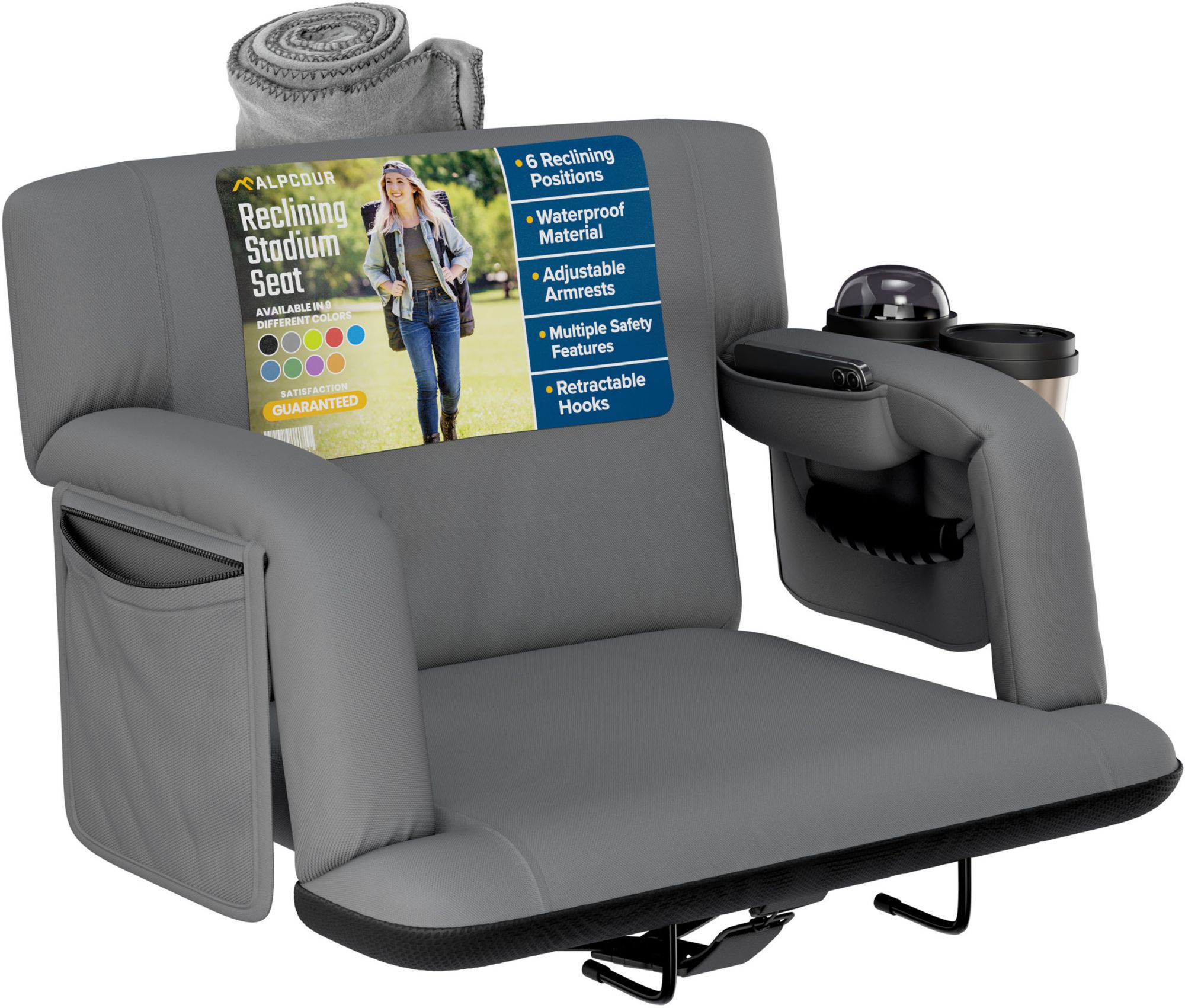 Alpcour 25" Premium Reclining Stadium Seat, Grey Gray