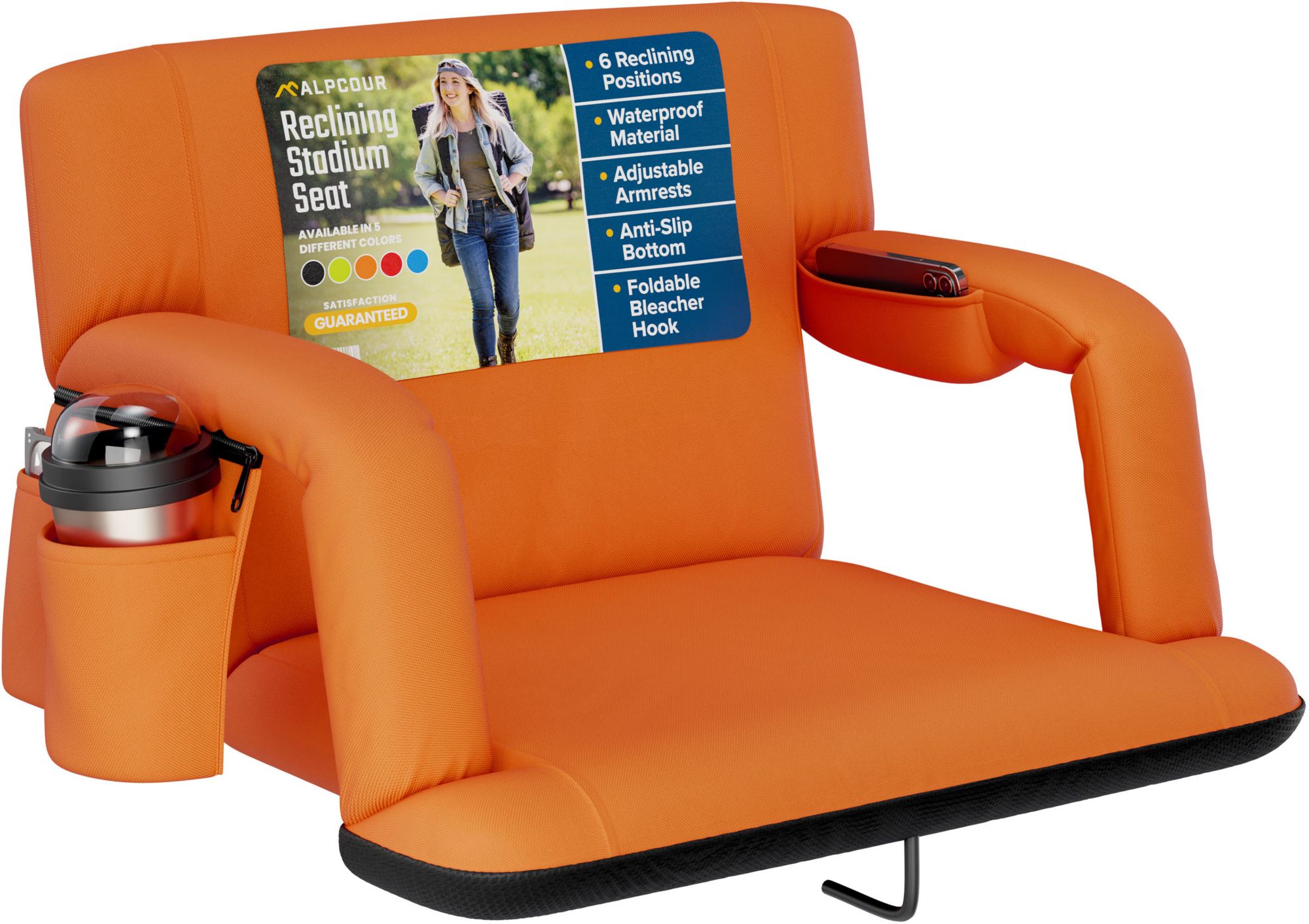 Alpcour 25" Reclining Stadium Seat with Armrests, Orange
