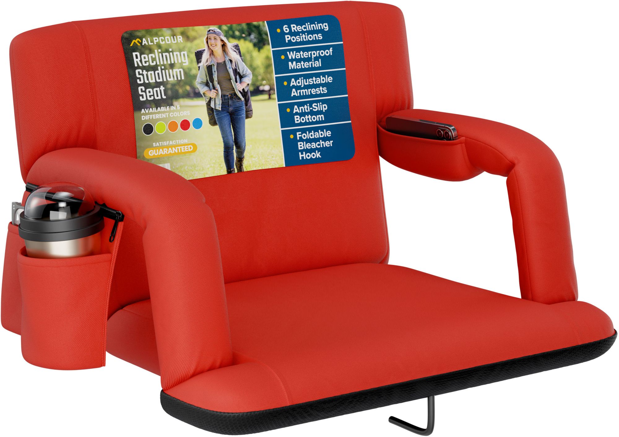 Alpcour 25" Reclining Stadium Seat with Armrests, Red