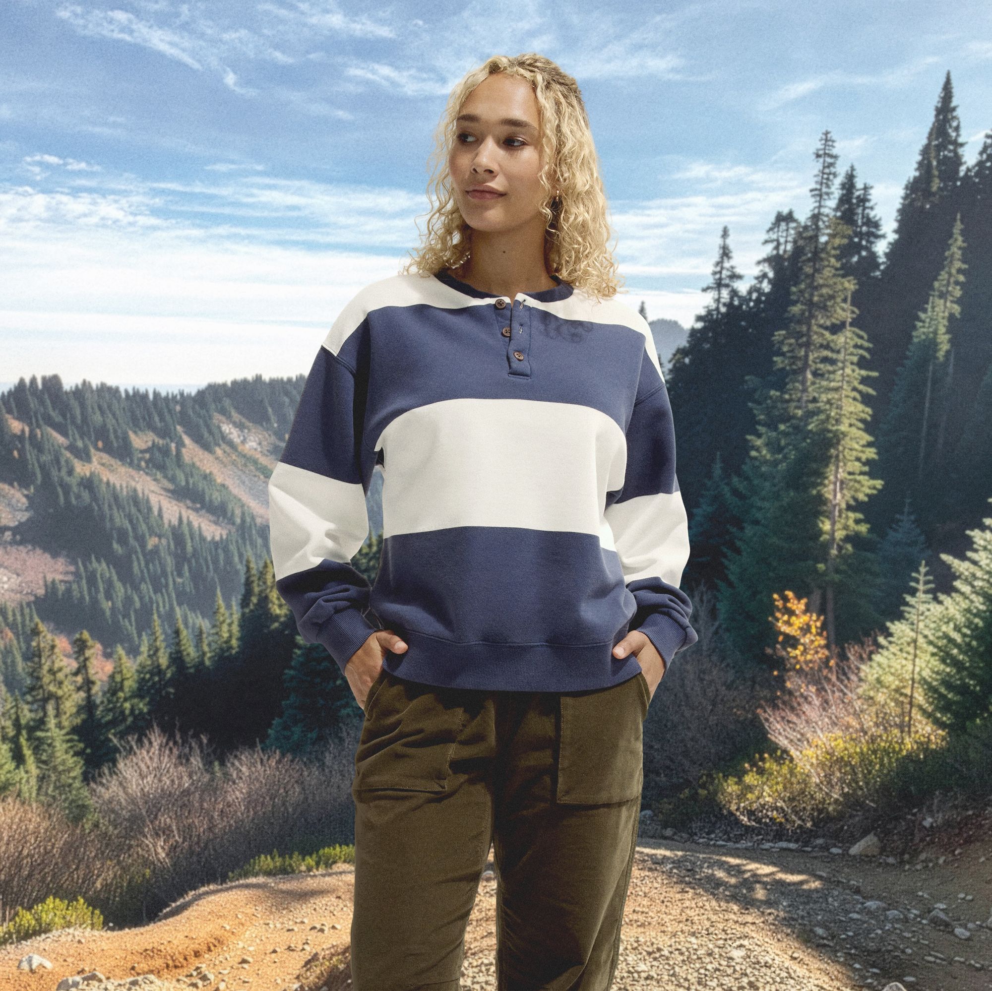 Alpine Design Women's Henley Sweatshirt, Medium, White/Mystic Stripe