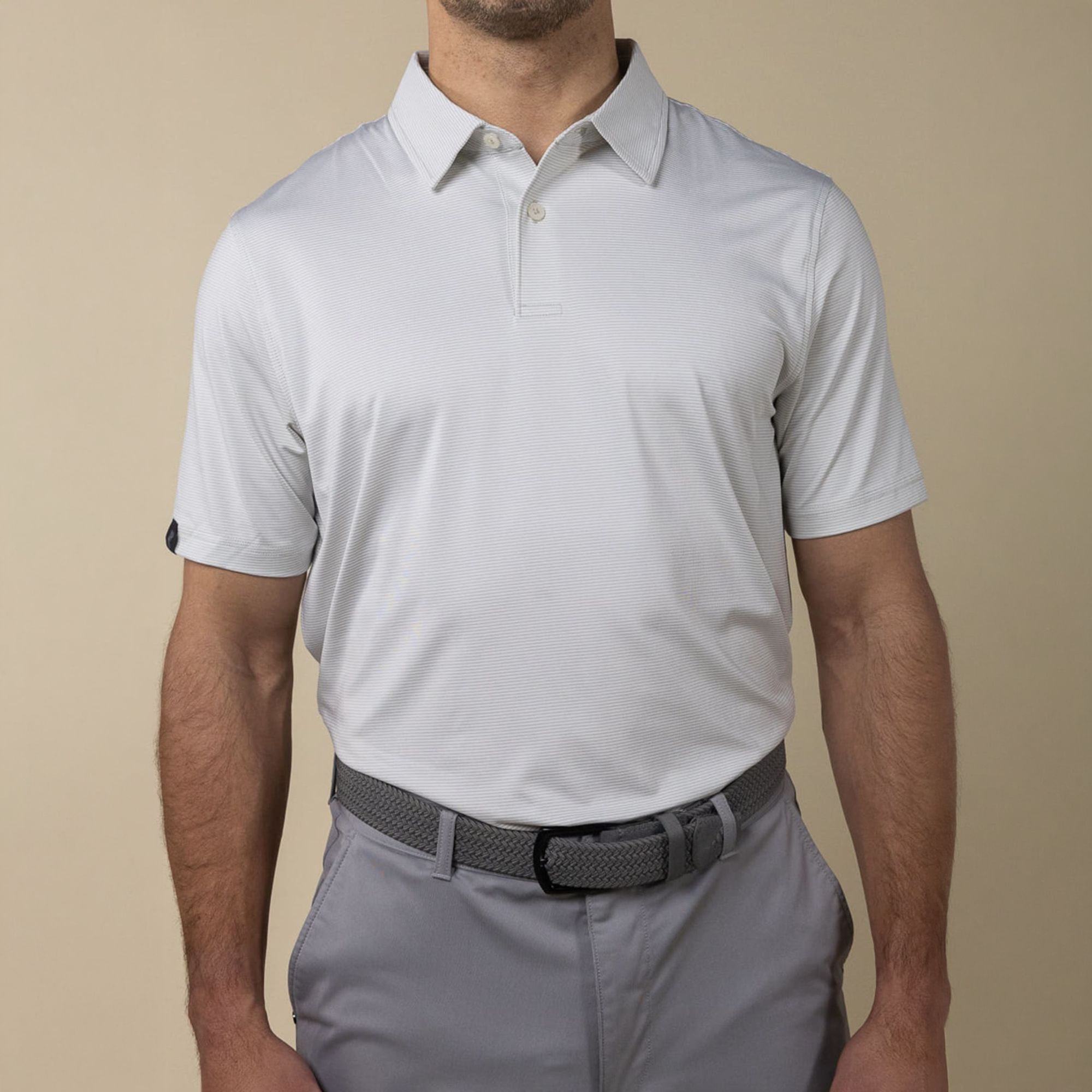 Ashworth Men's Bunker Stripe Golf Polo, Medium, Stone Grey Gray