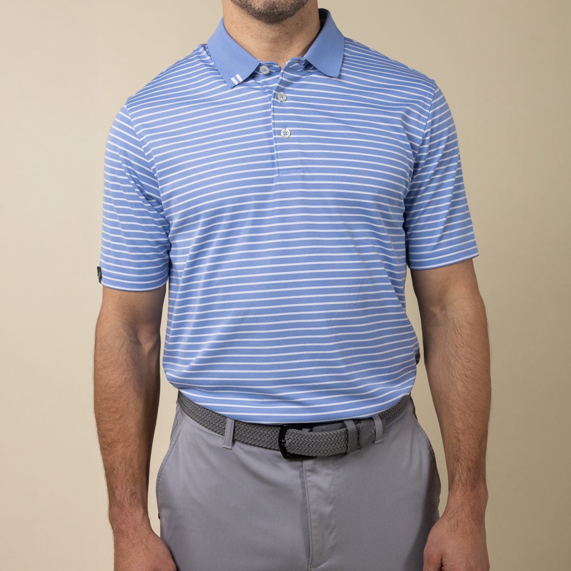 Ashworth Men's 2Bar Stripe Golf Polo, Medium, Chambray/White Blue