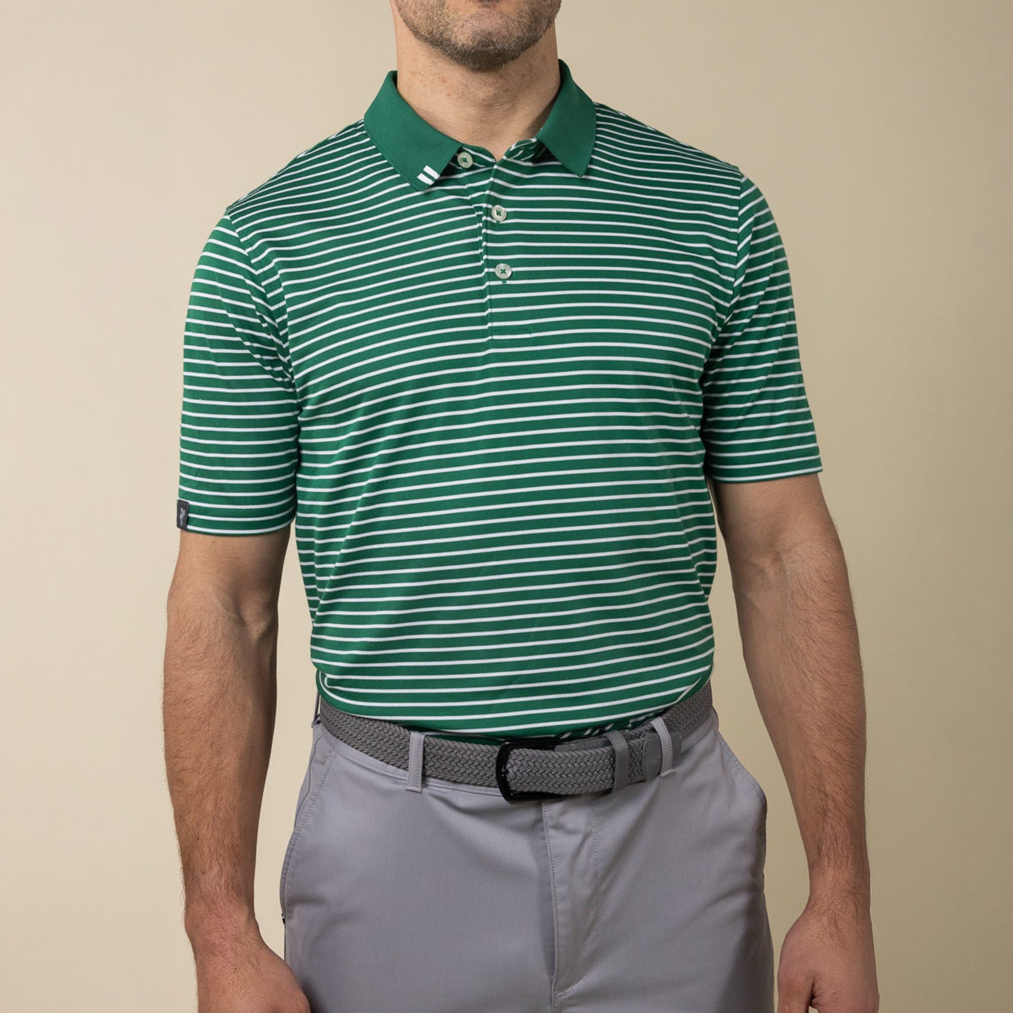 Ashworth Men's 2Bar Stripe Golf Polo, Medium, Club Green/White
