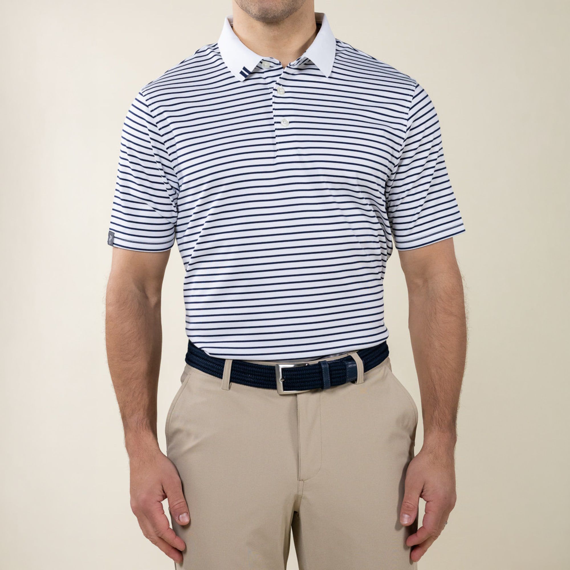 Ashworth Men's 2Bar Stripe Golf Polo, Medium, White/Driver Navy